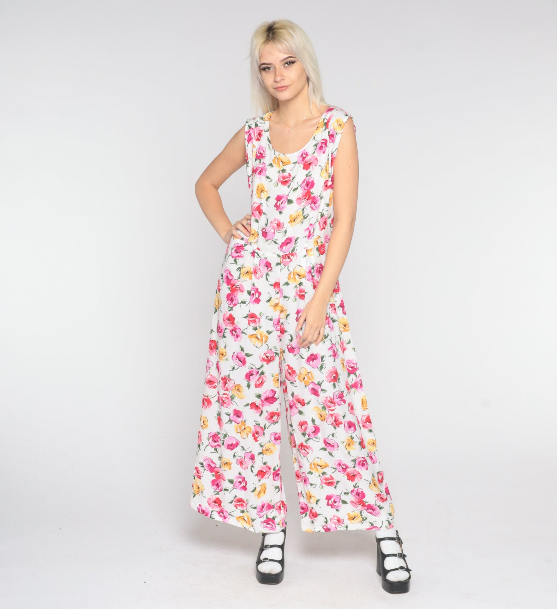 90s Floral Jumpsuit White Pink Wide Leg Sleeveless One Piece Large L