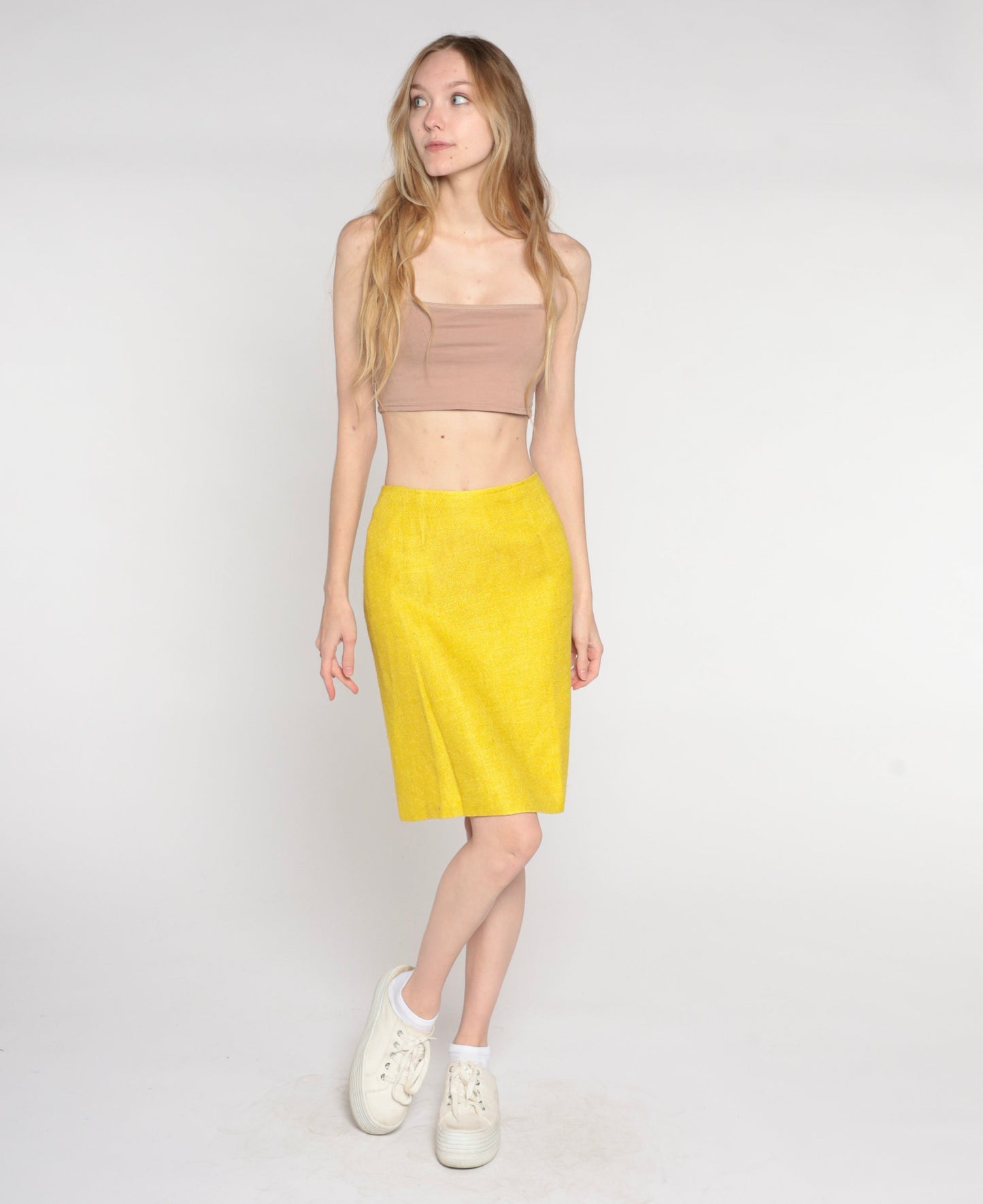 60s Yellow Tweed Pencil Skirt High Waist Mini Back Zip Extra Small XS