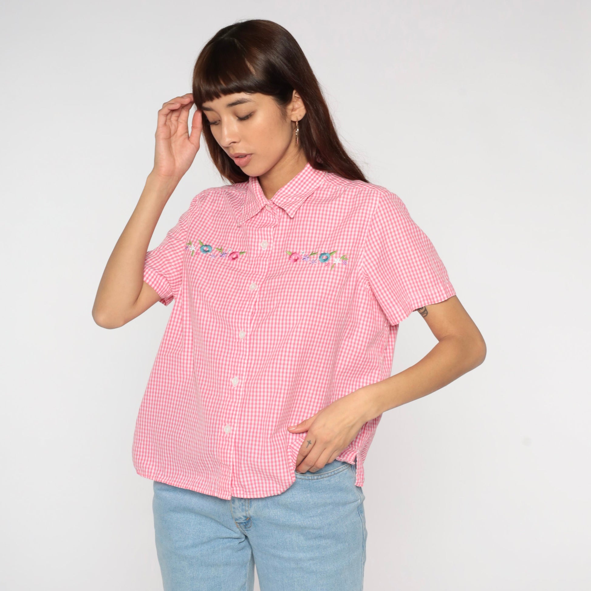 Y2K Pink Gingham Blouse Floral Embroidered Button Up Short Sleeve Medium M