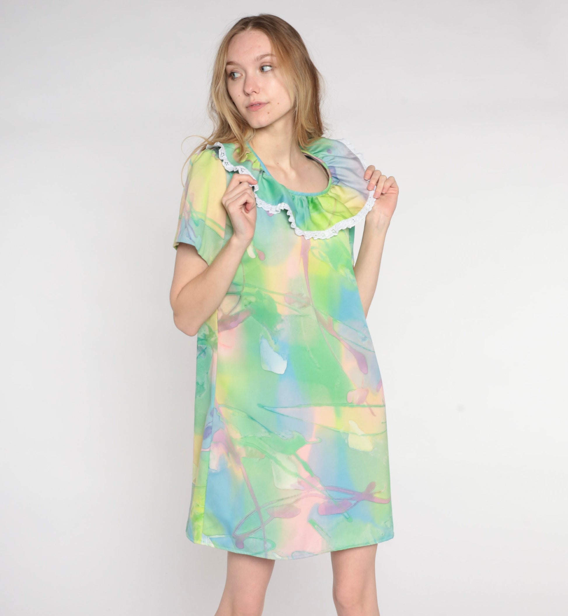 70s Psychedelic Watercolor Mini Dress Shift Ruffled Neckline Small