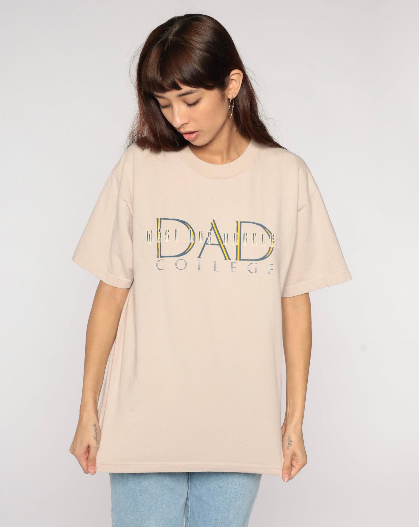 Y2K West LA College Dad Graphic Tee Tan Cotton Large