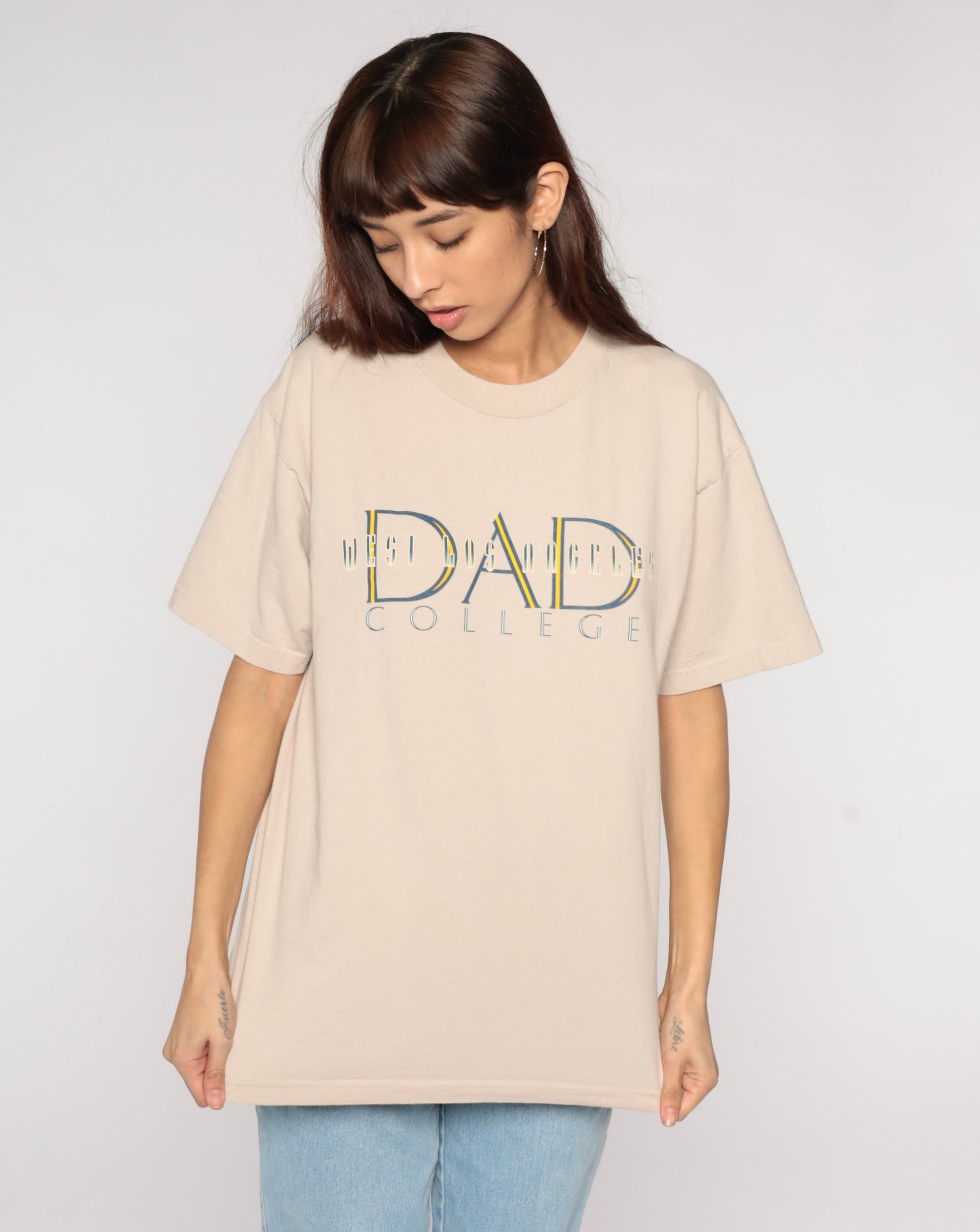 Y2K West LA College Dad Graphic Tee Tan Cotton Large
