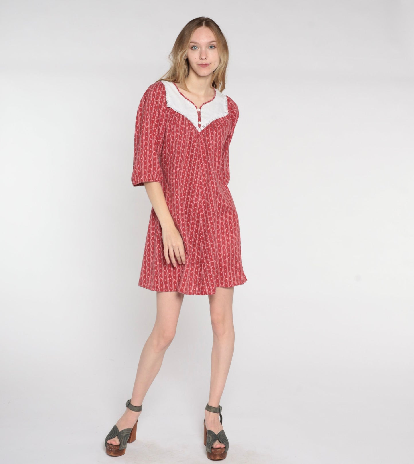 70s Red Floral Striped Mini Dress Lace Bib Peasant Short Sleeve Small