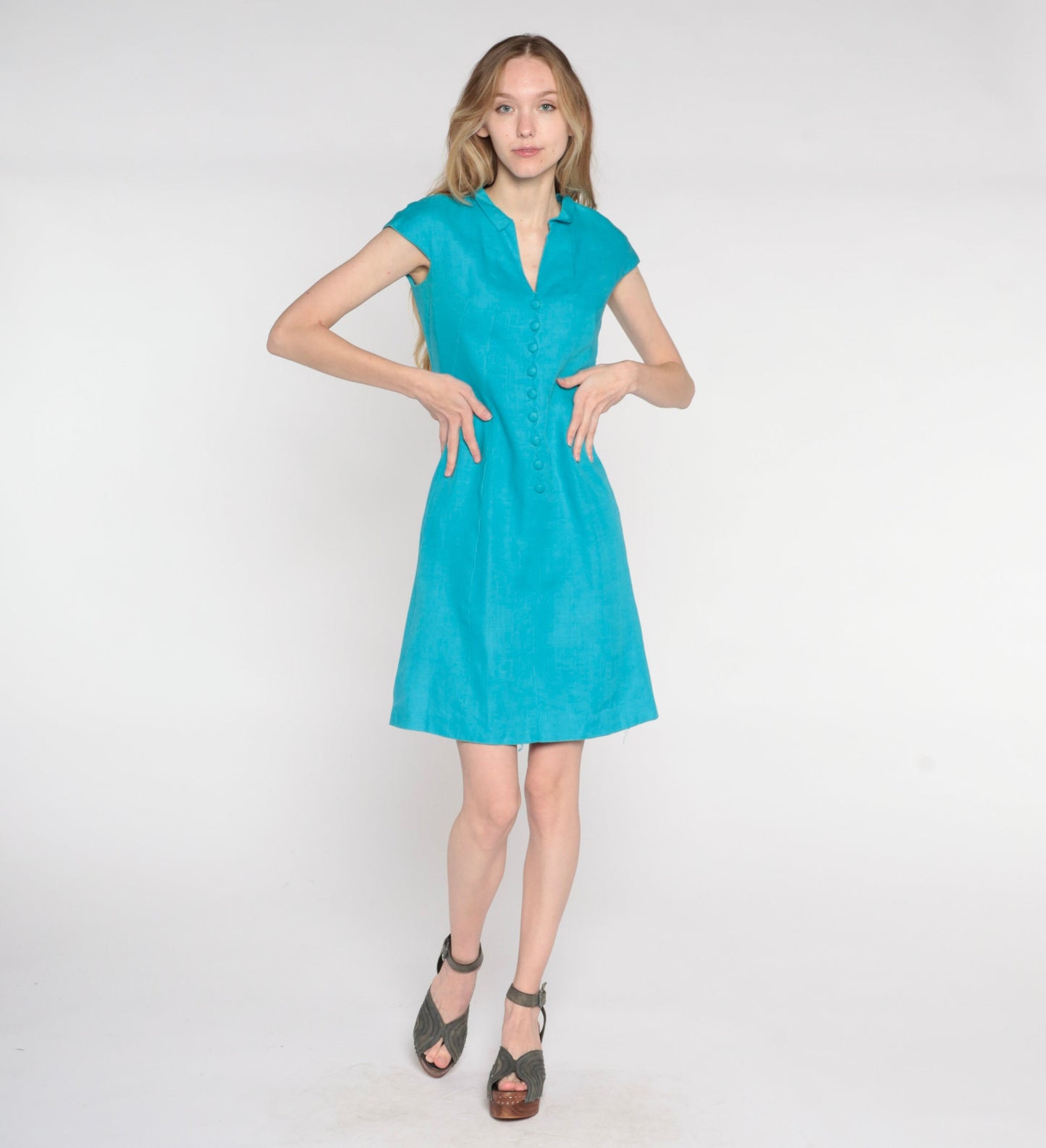 60s Blue Shift Dress Cap Sleeve Button Front Mini Small