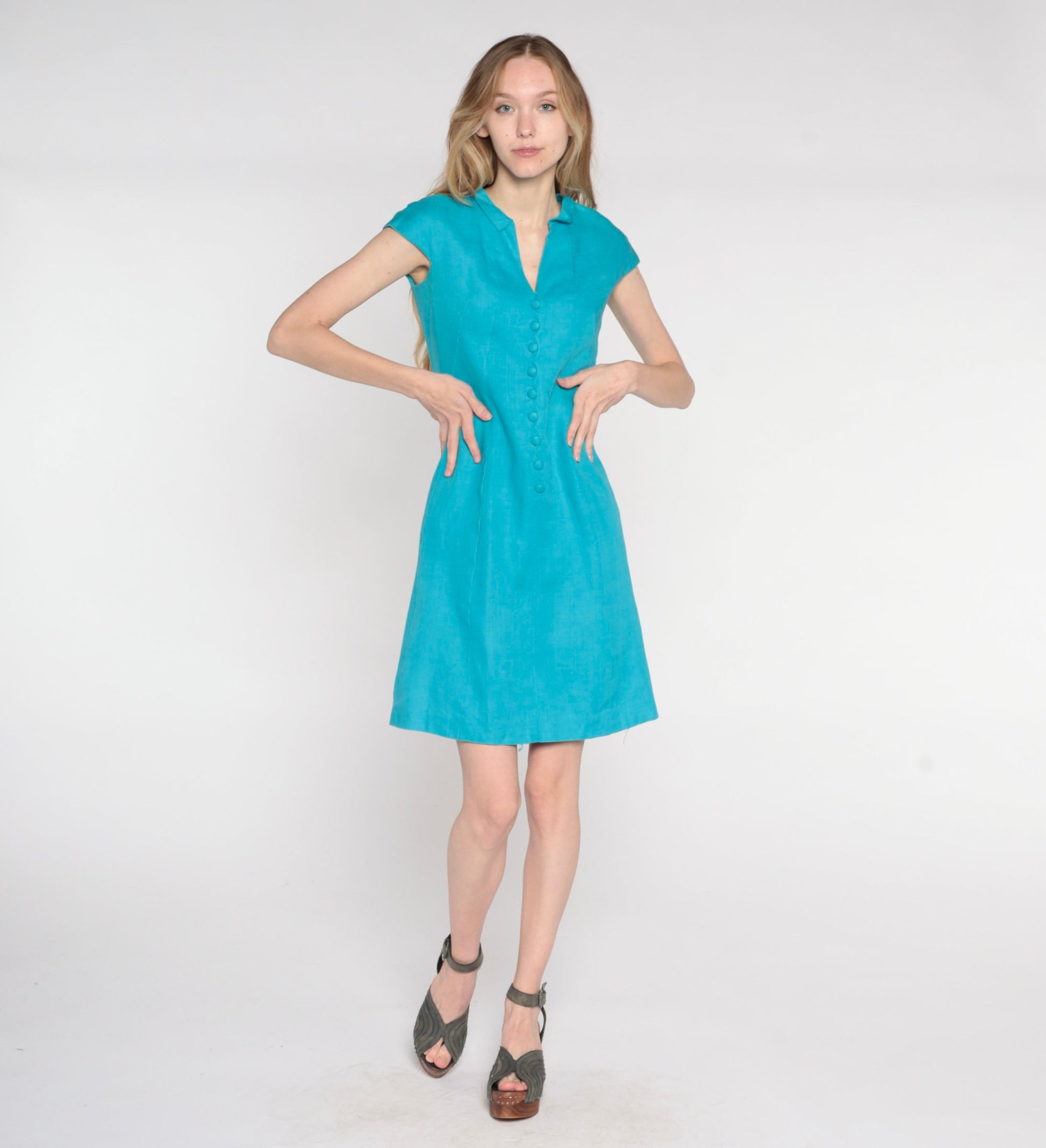 60s Blue Shift Dress Cap Sleeve Button Front Mini Small