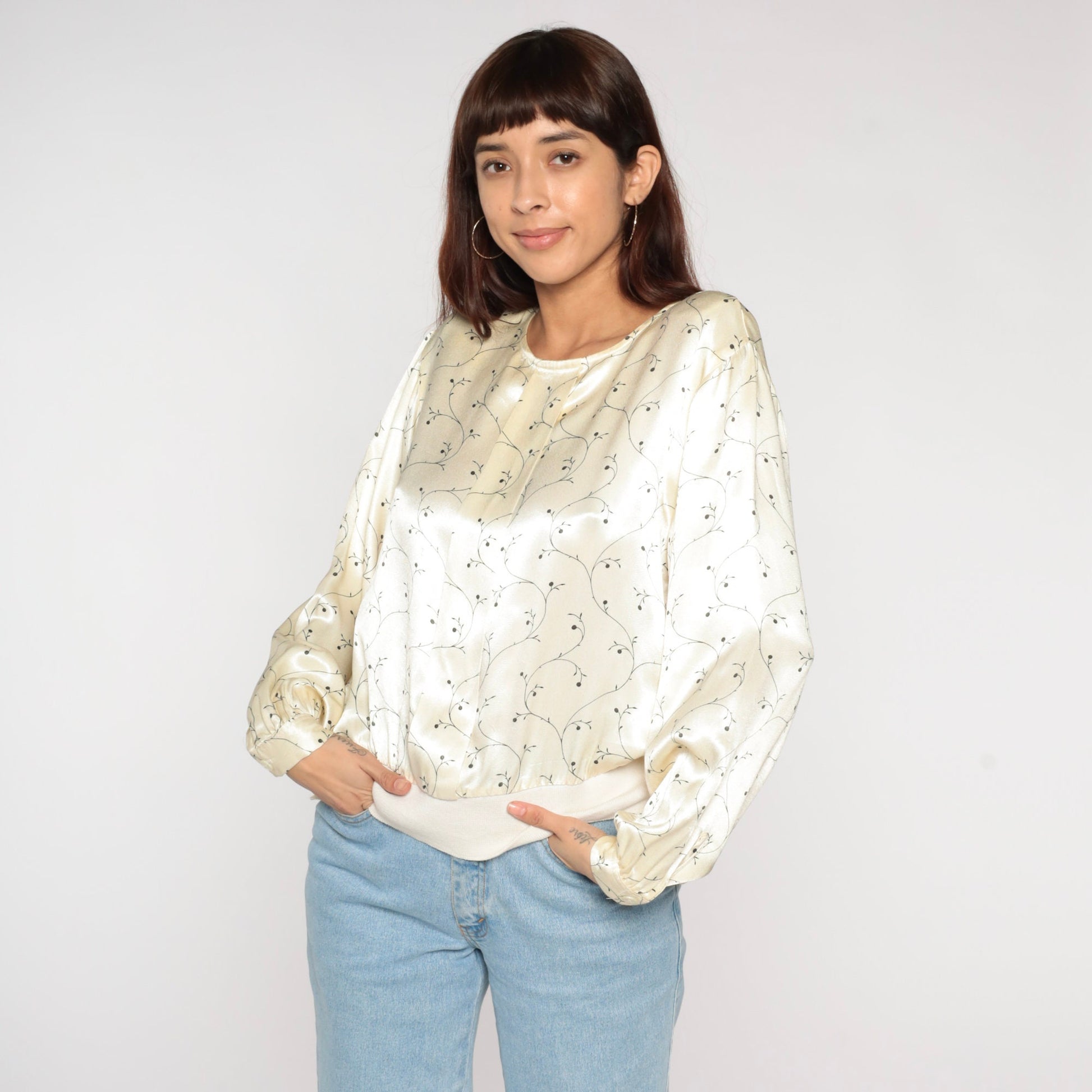 90s Cream Floral Shiny Blouse Long Sleeve Pullover Banded Hem Medium M
