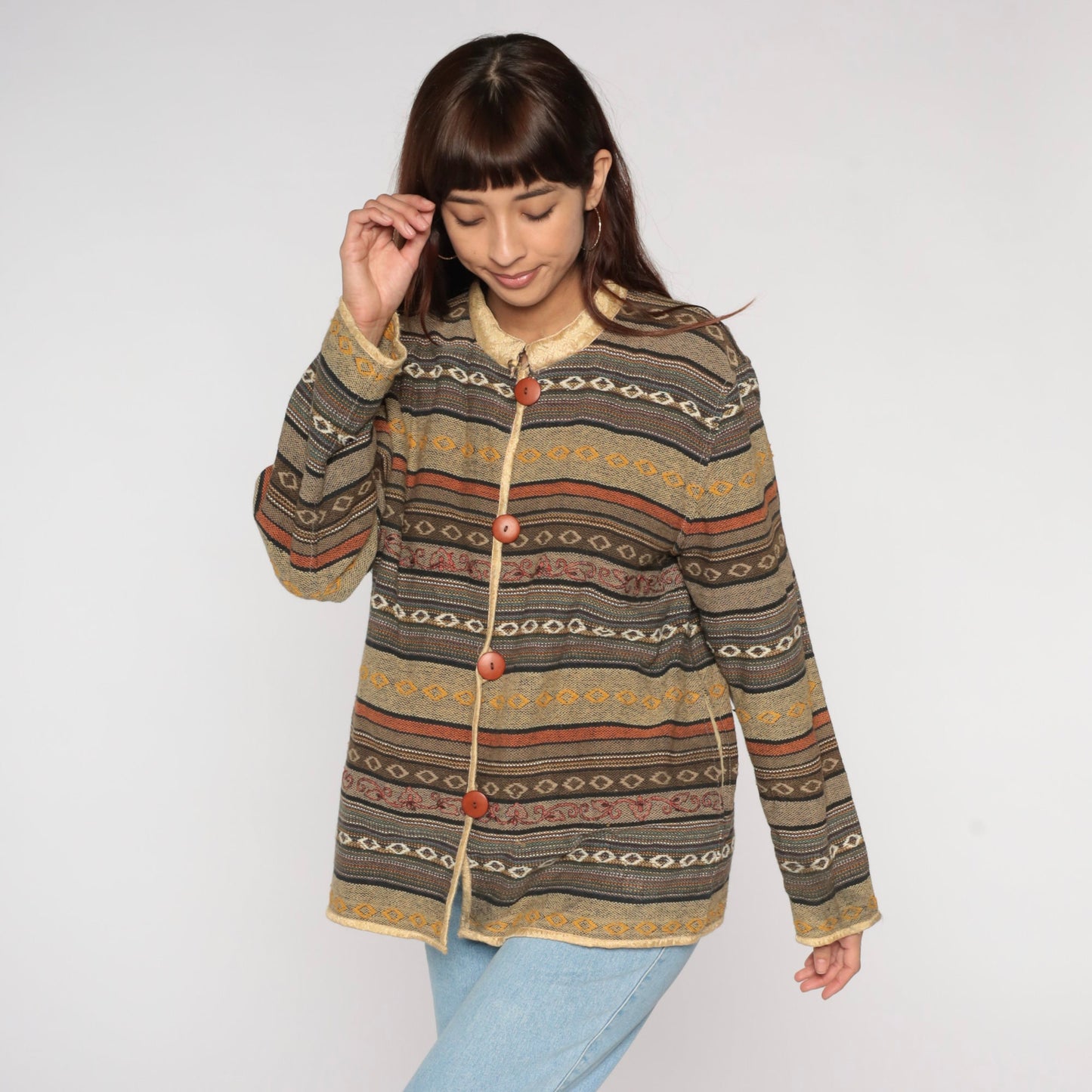 Y2K Striped Tapestry Button Jacket Floral Collar Cotton Neutral Extra Large XXL