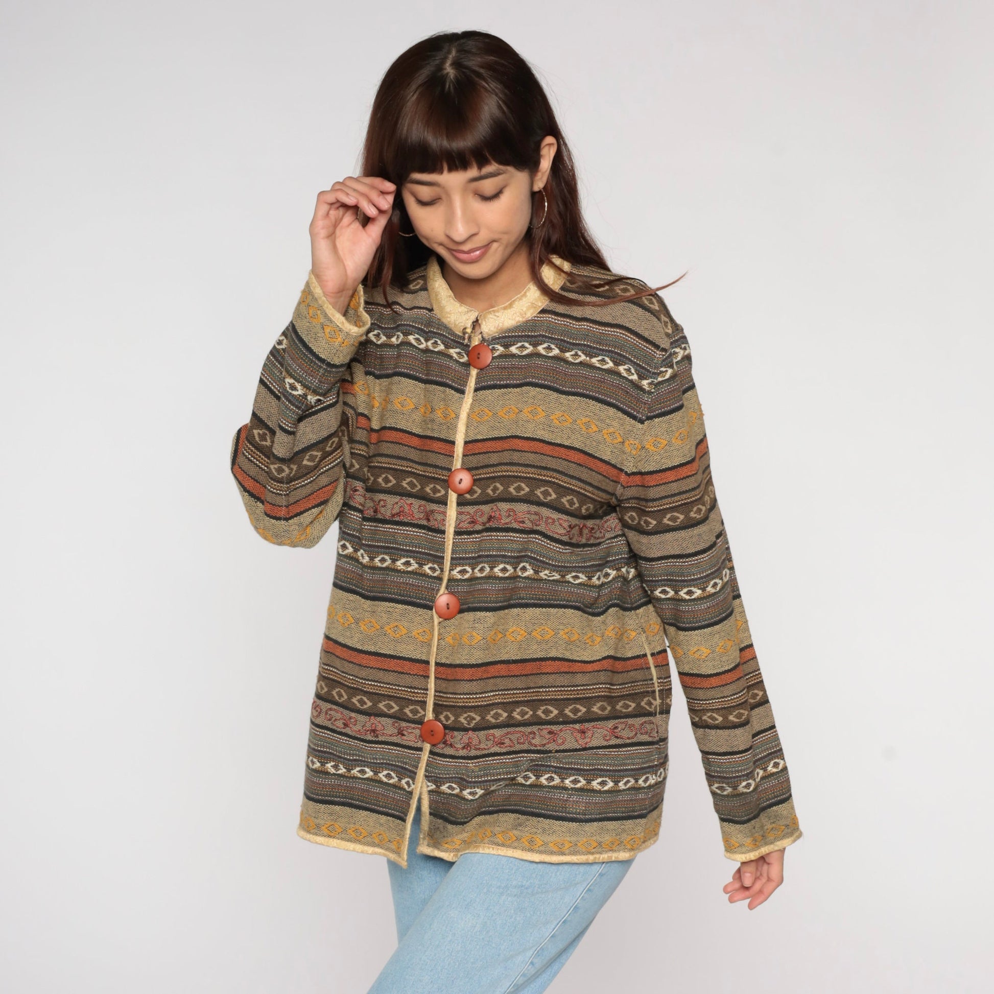 Y2K Striped Tapestry Button Jacket Floral Collar Cotton Neutral Extra Large XXL