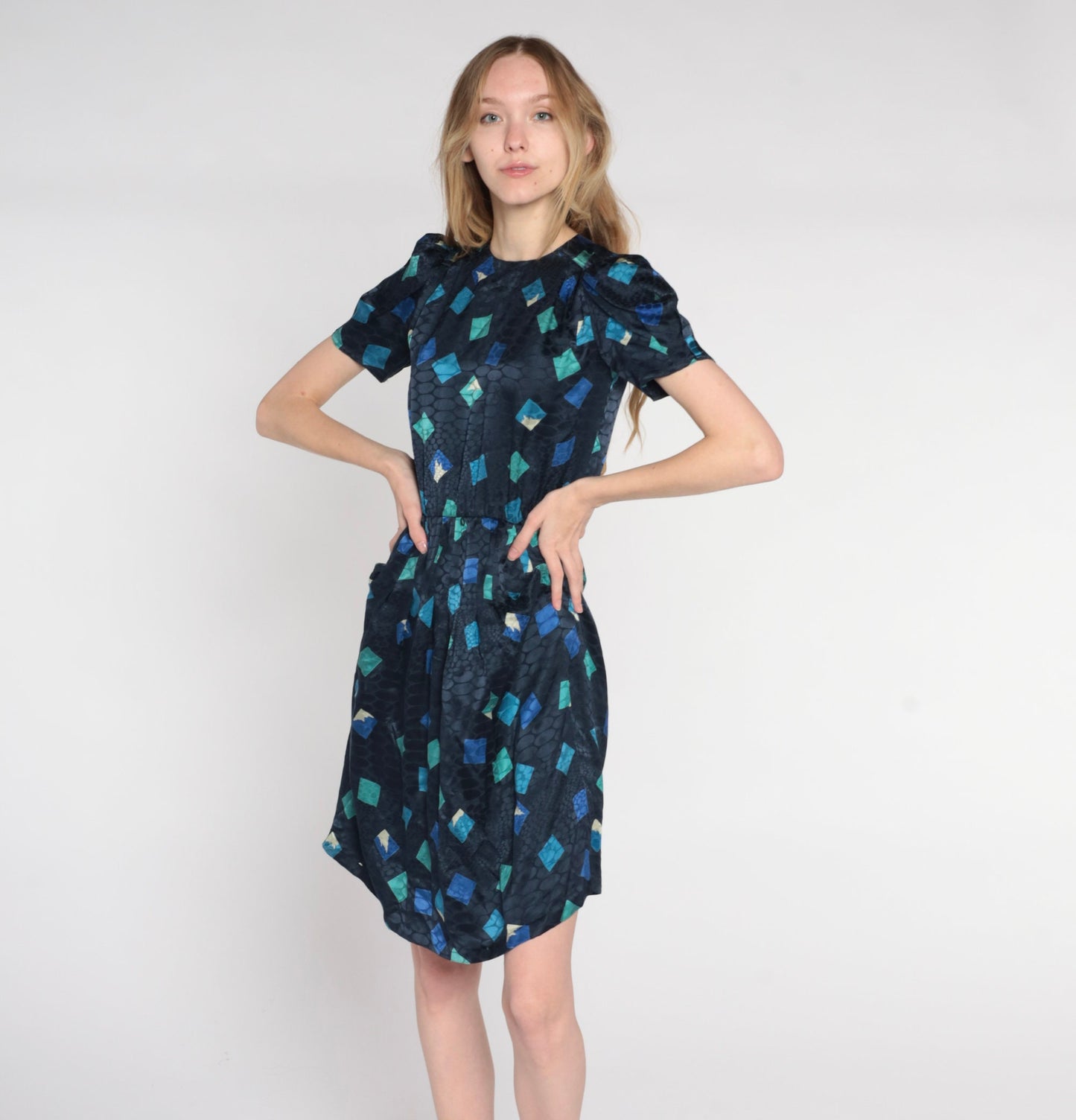 80s Navy Silk Puff Sleeve Dress Embossed Geometric Print High Waisted XS