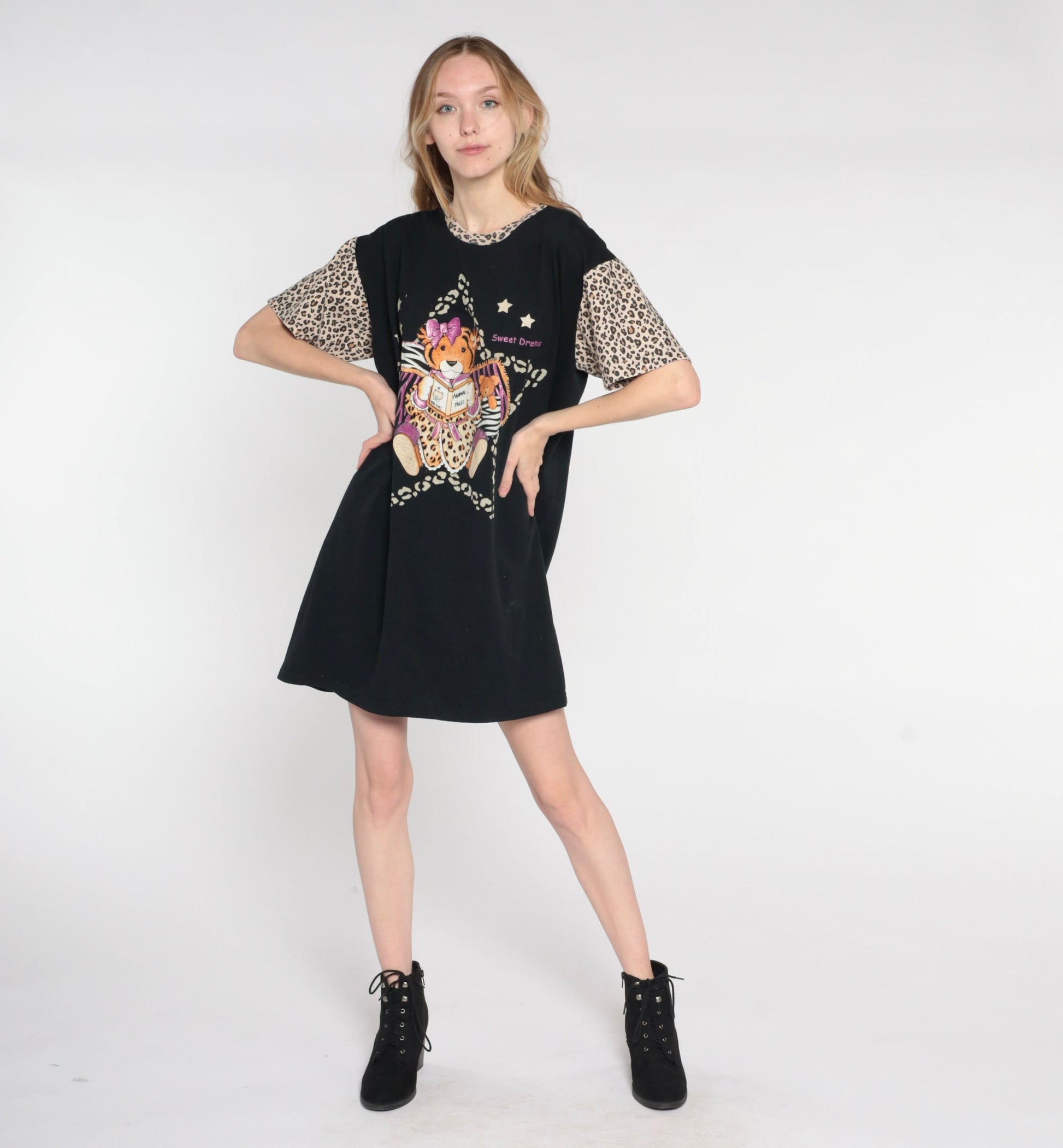 90s Baby Tiger Sweet Dreams T-Shirt Dress Black Leopard Print Mini Nightgown