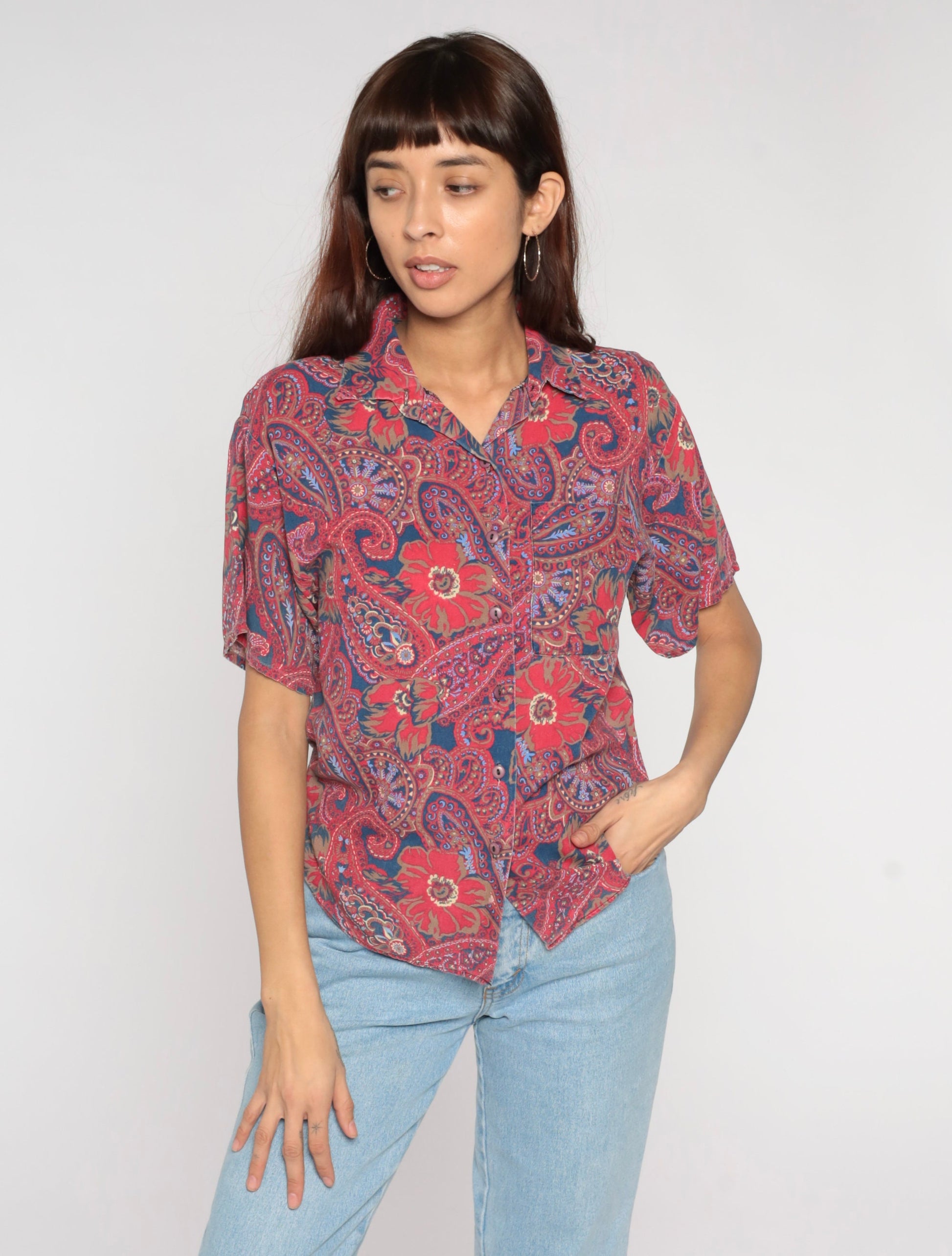 90s Paisley Floral Button Up Blouse Red Blue Short Sleeve Small