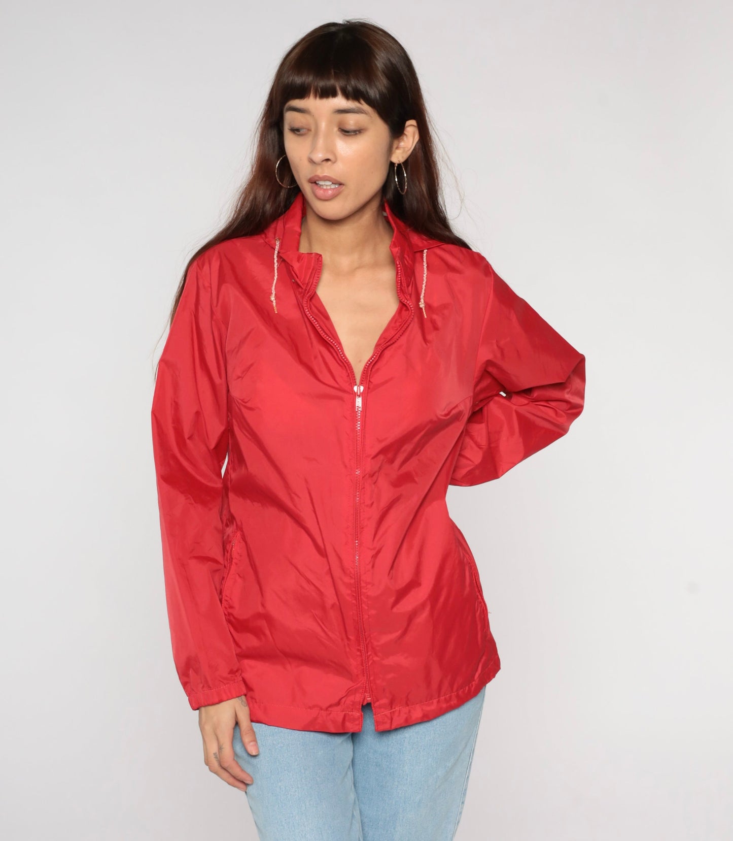 80s LL Bean Red Hooded Windbreaker Nylon Zip Jacket Small