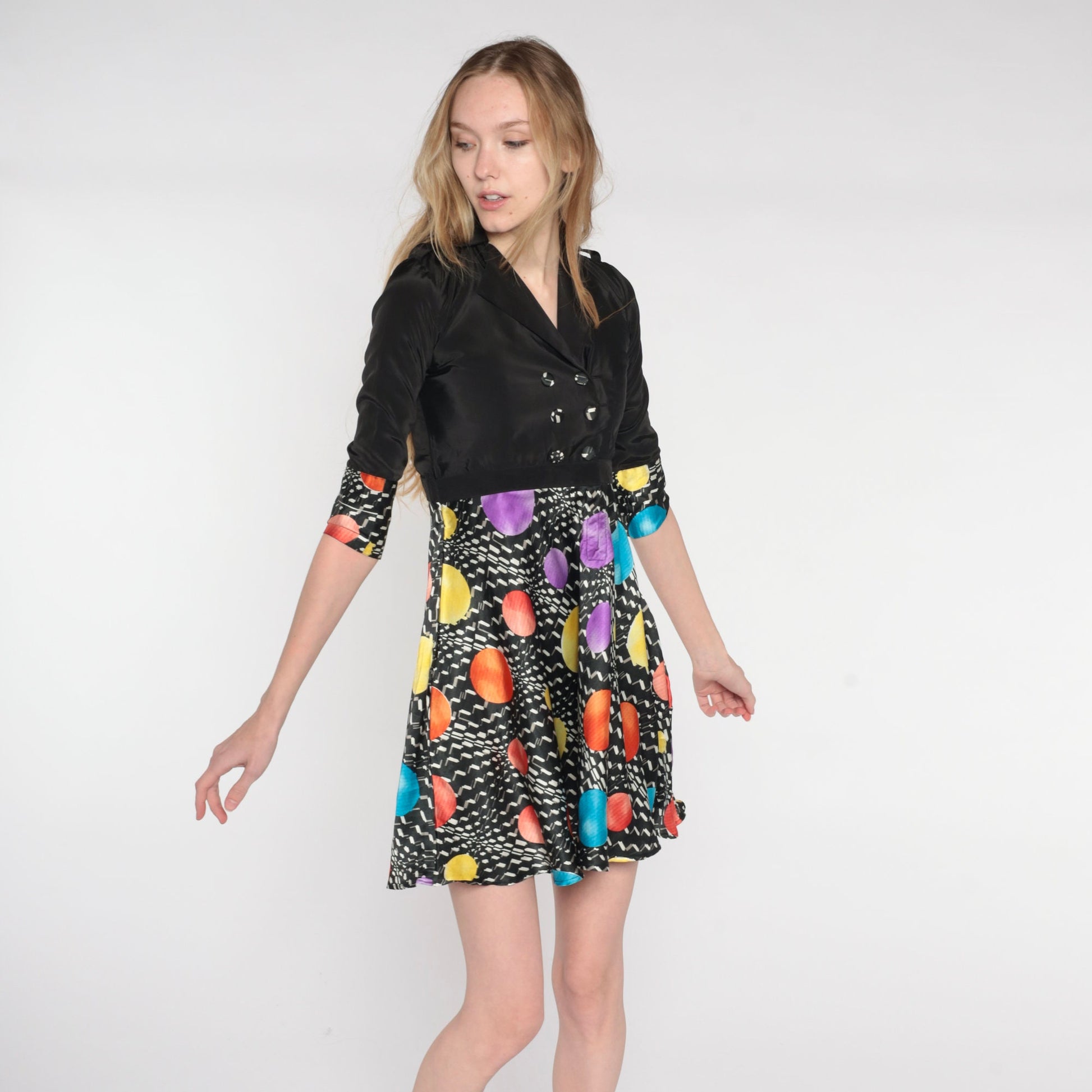 90s Black Geometric Silk Mini Dress Double Breasted V Neck Empire Waist Extra Small