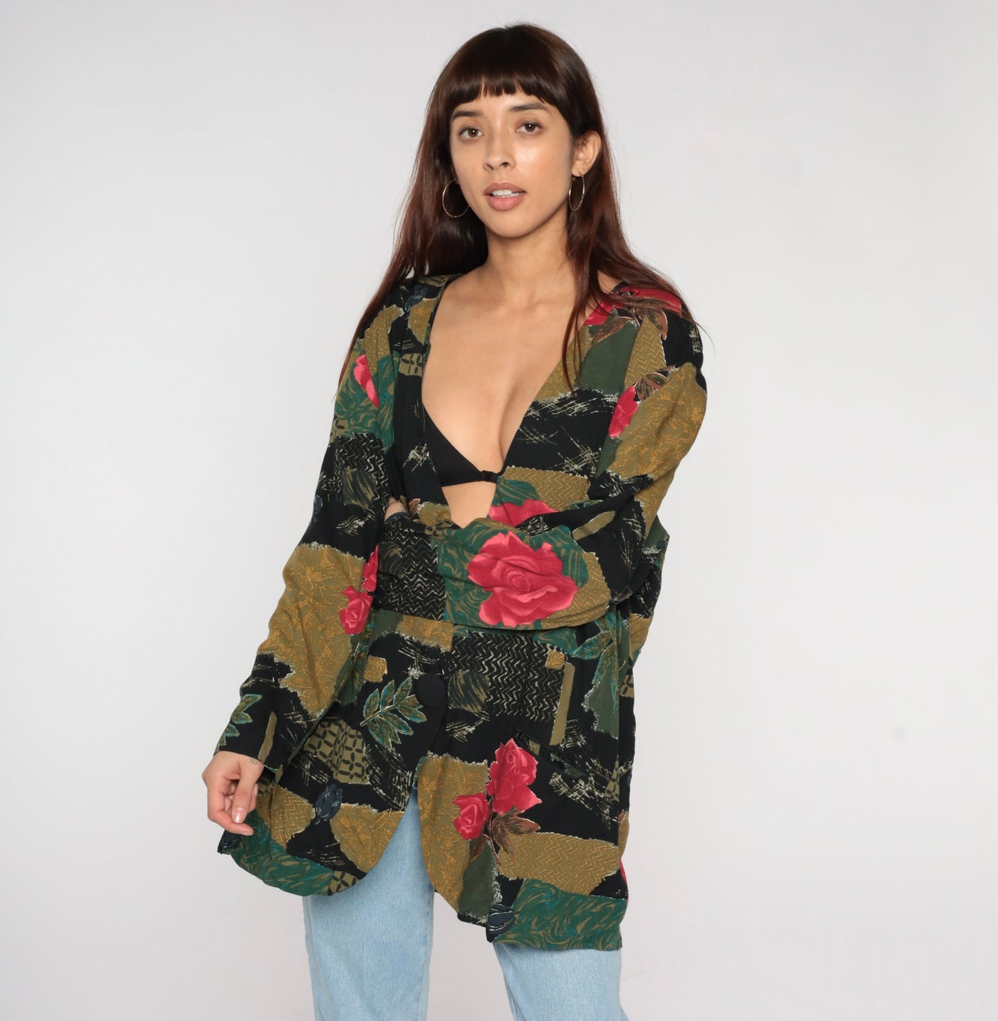 90s Patchwork Floral Rayon Jacket Deep V Button Front Rose Print Large