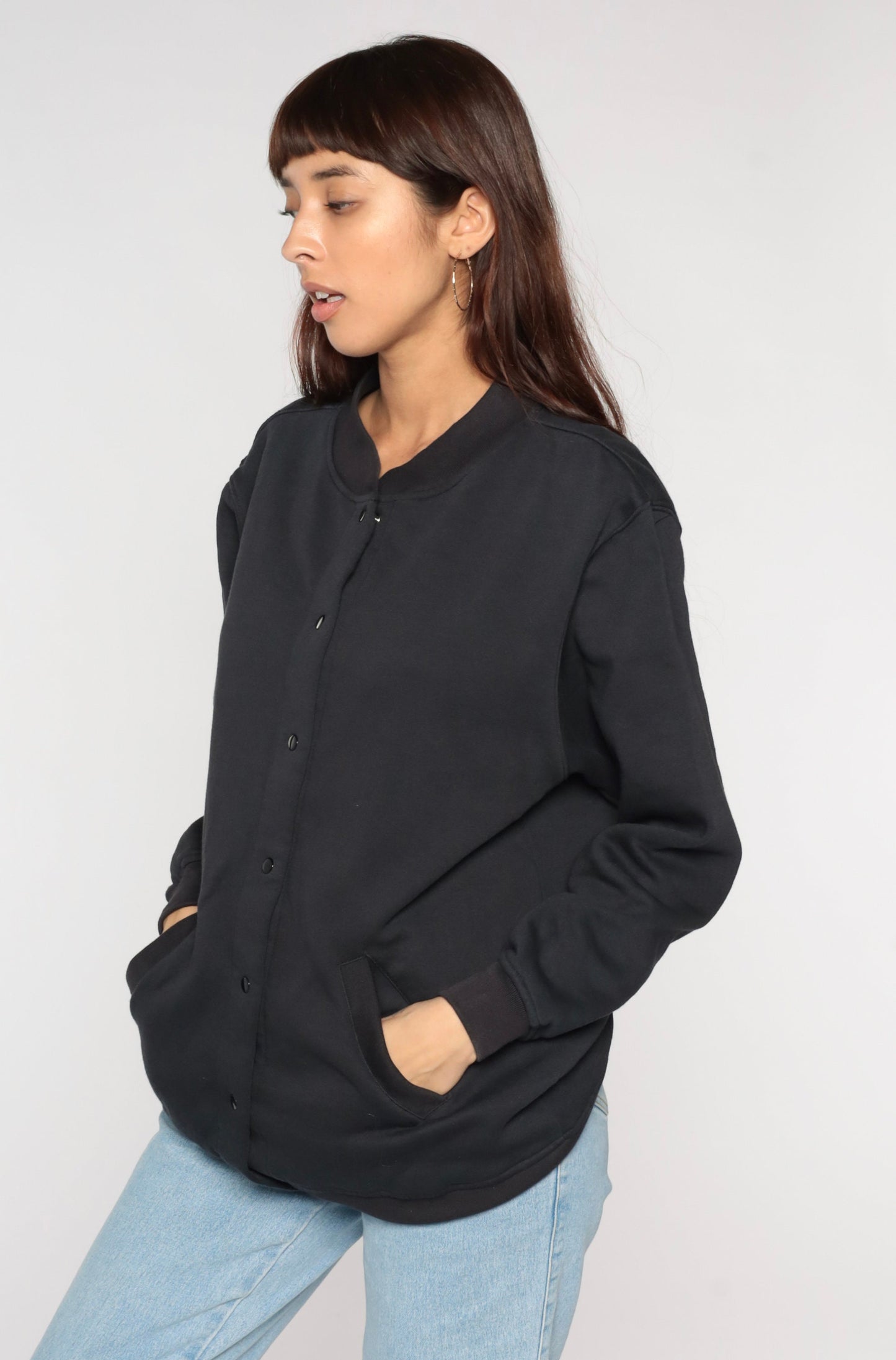 00s Black Snap-Up Sweatshirt Jacket Plain Crewneck Medium M