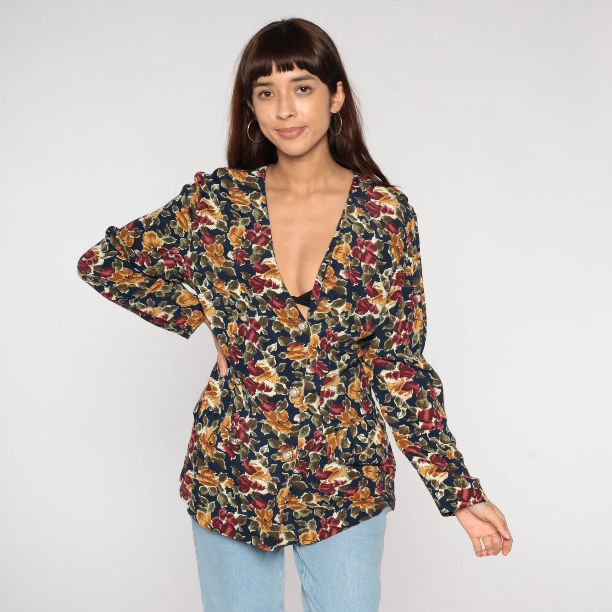 90s Floral Double Breasted Rayon Jacket Medium M