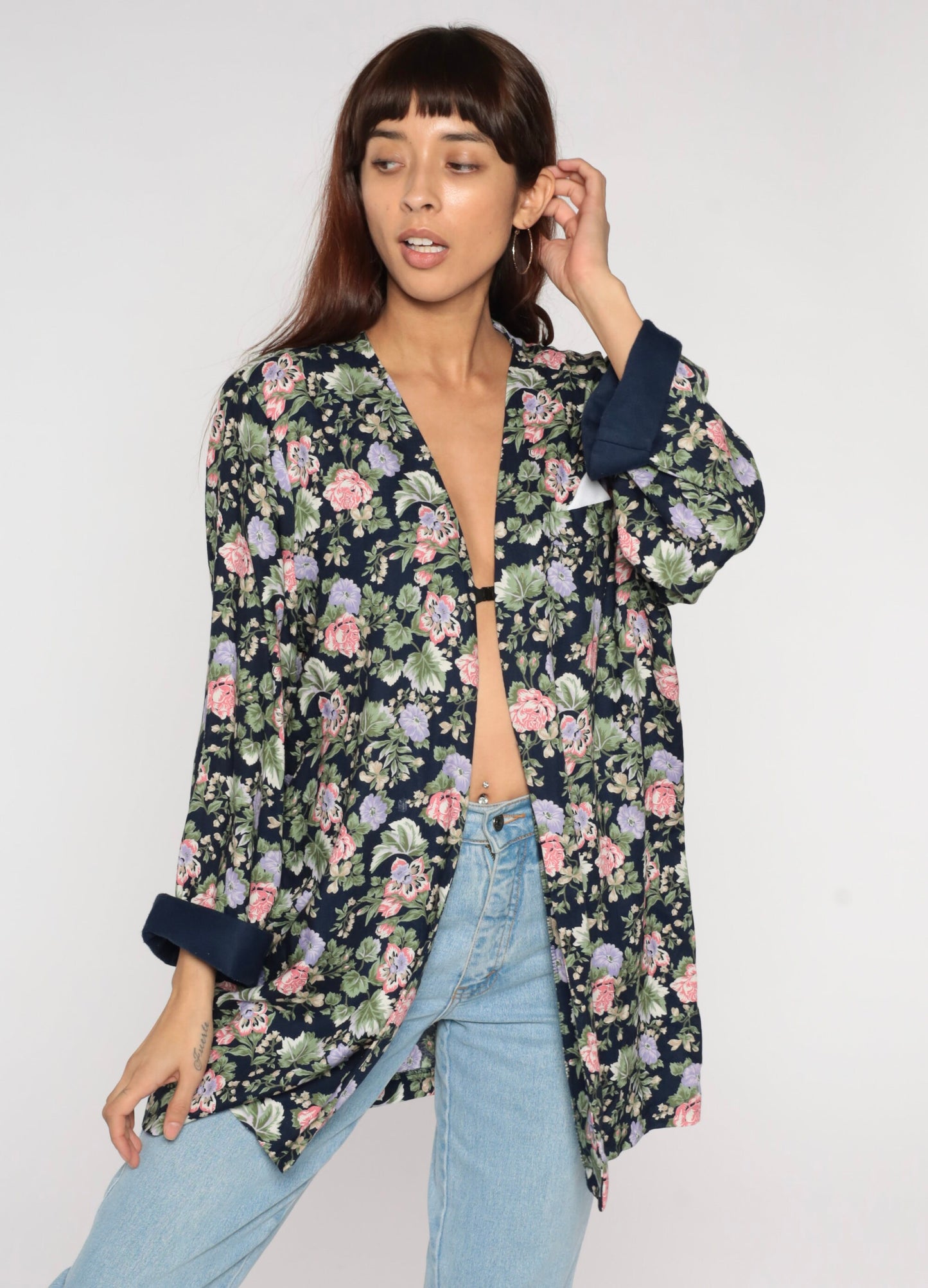 90s Navy Floral Open Front Jacket Rayon Long Sleeve Large L
