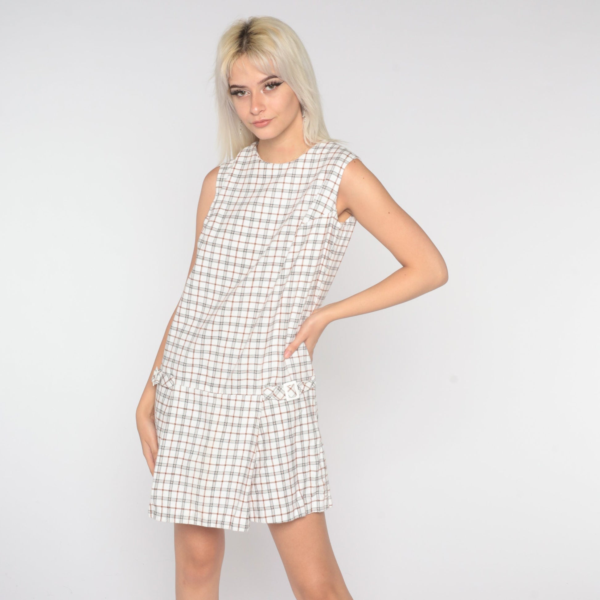 60s White Plaid Drop Waist Scooter Dress Sleeveless Minidress Medium