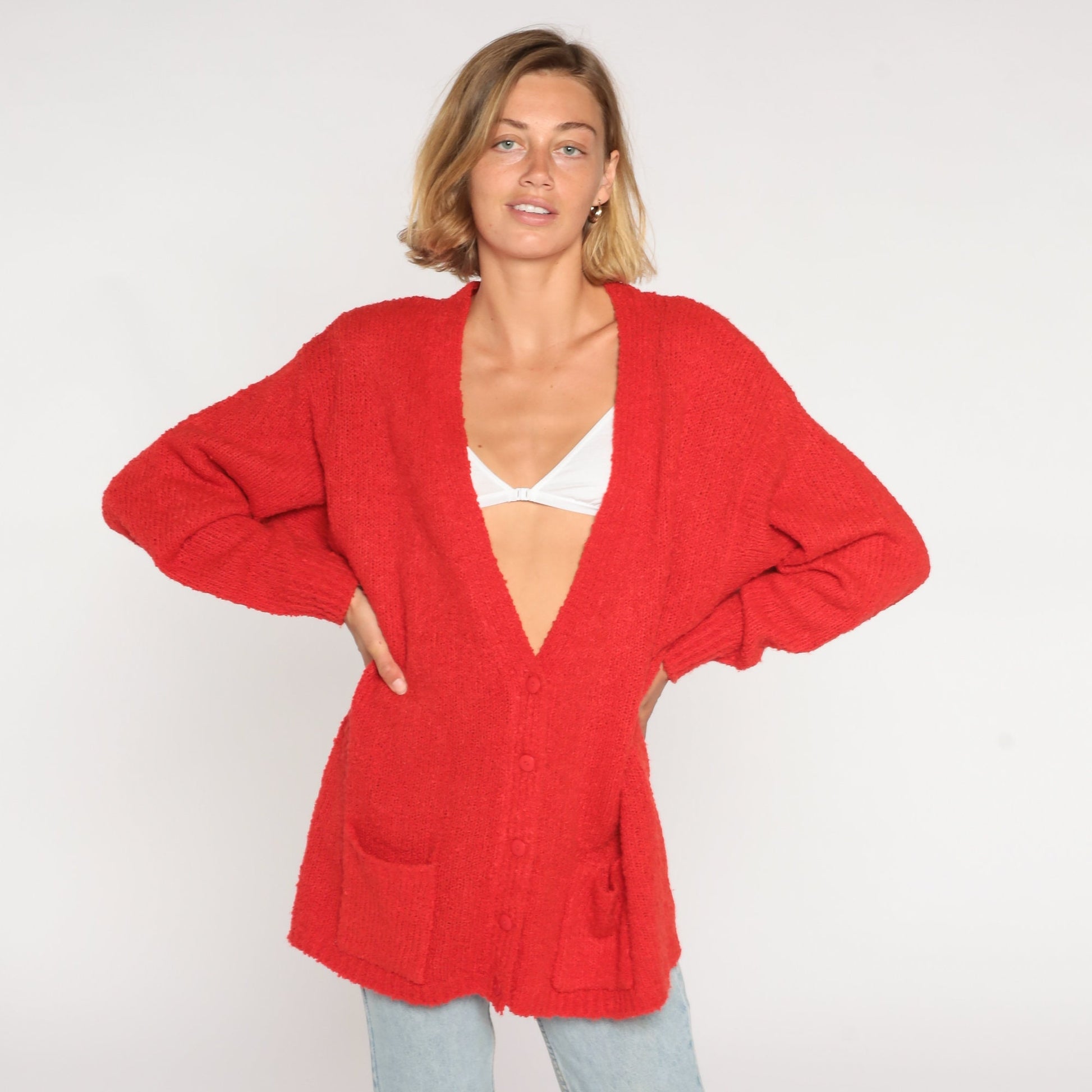 80s Red Cardigan Button-Up Knit Sweater Large L