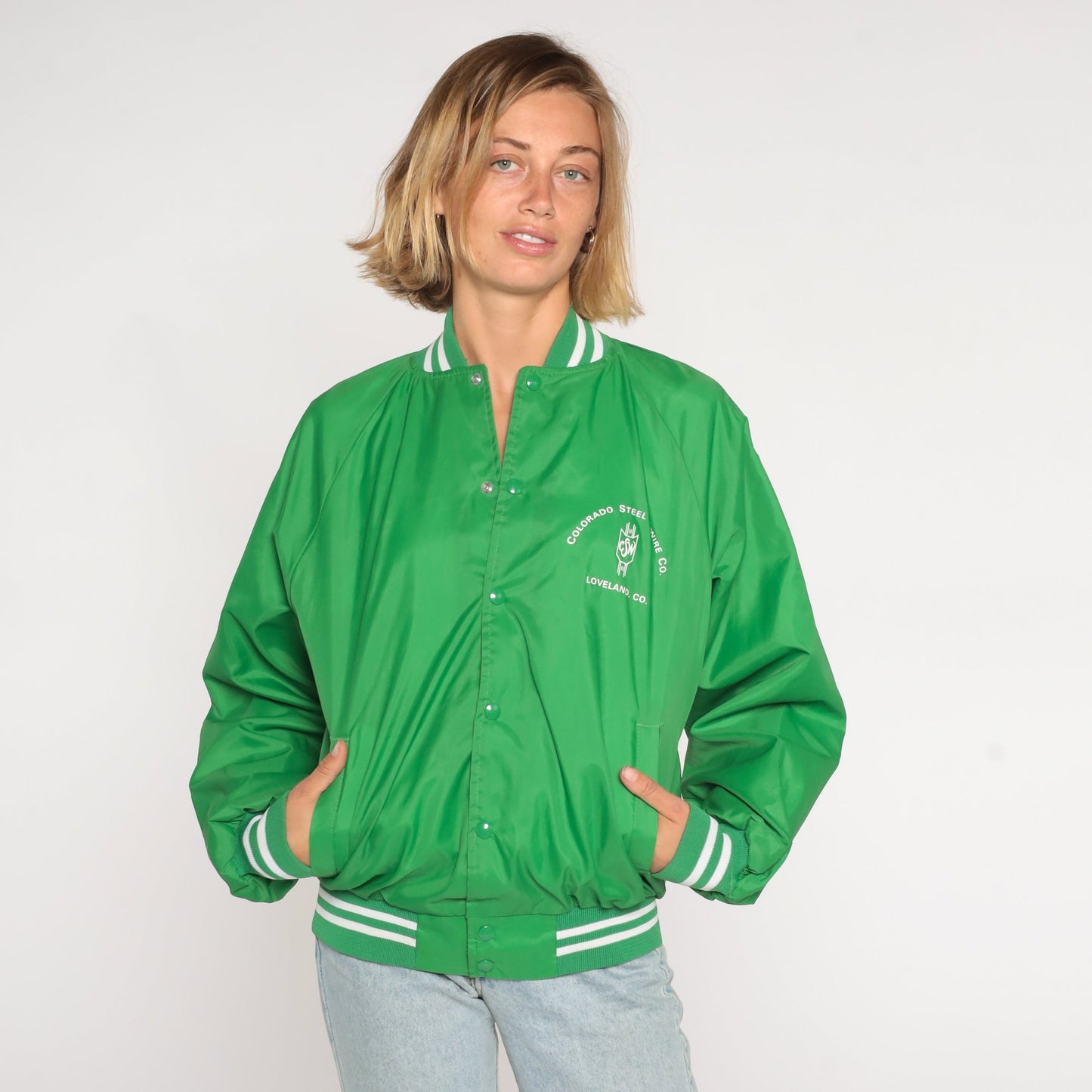 80s Steel & Wire Co Loveland Colorado Bomber Jacket Green Nylon Small