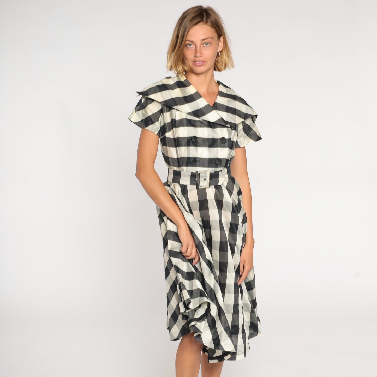 1950s Black White Gingham Midi Dress Double Breasted Sailor Collar High Waisted Medium