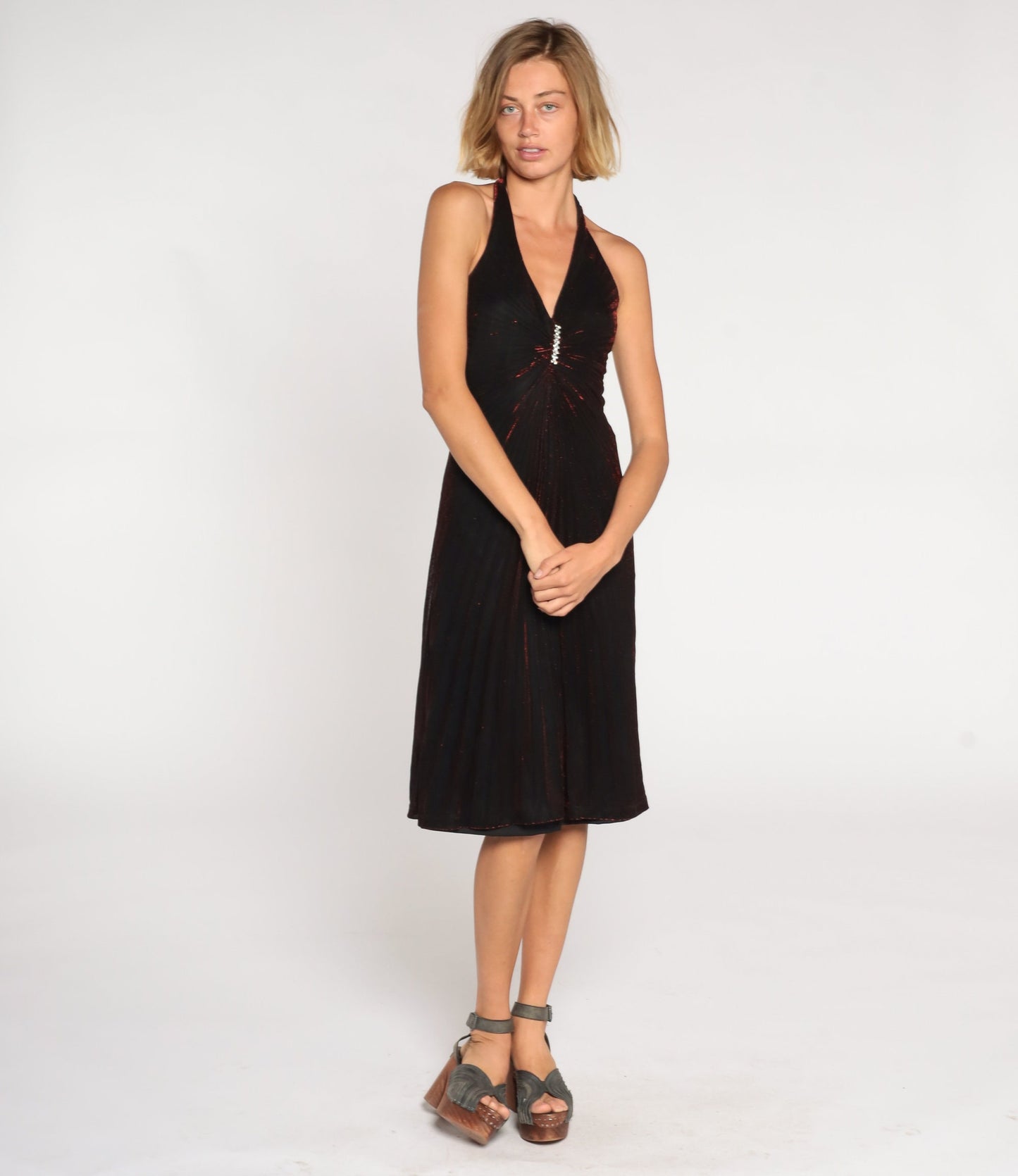 80s Black Red Metallic Halter Midi Dress Rhinestone Gem Sleeveless Small