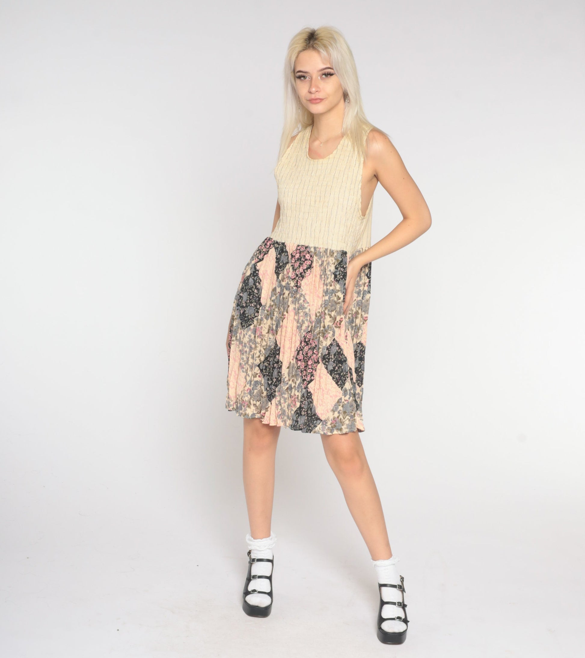 90s Floral Patchwork Mini Dress Cream High Waisted Sleeveless Large