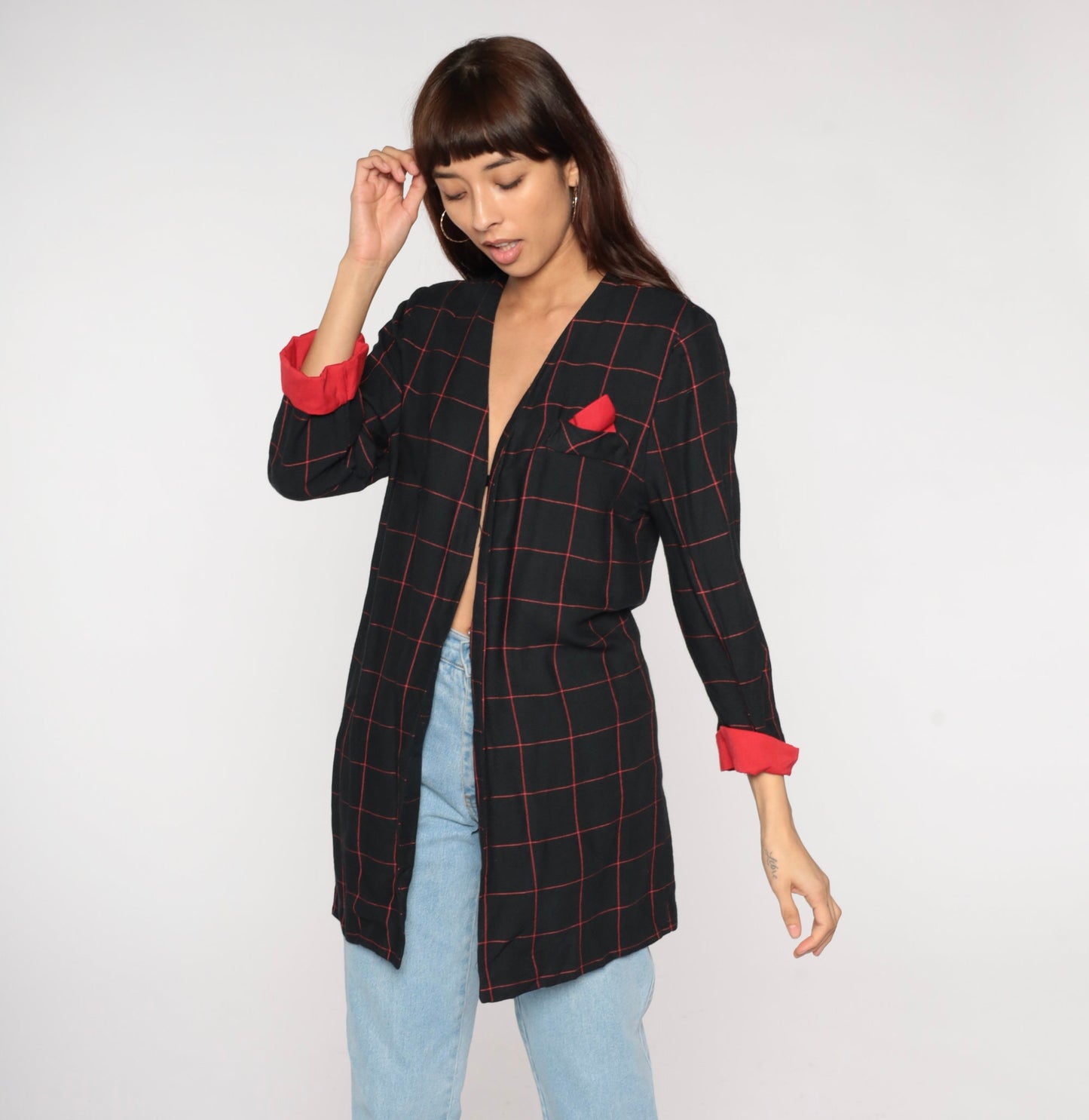 90s Black Red Checkered Blazer Open Front Cuffed Sleeve Medium