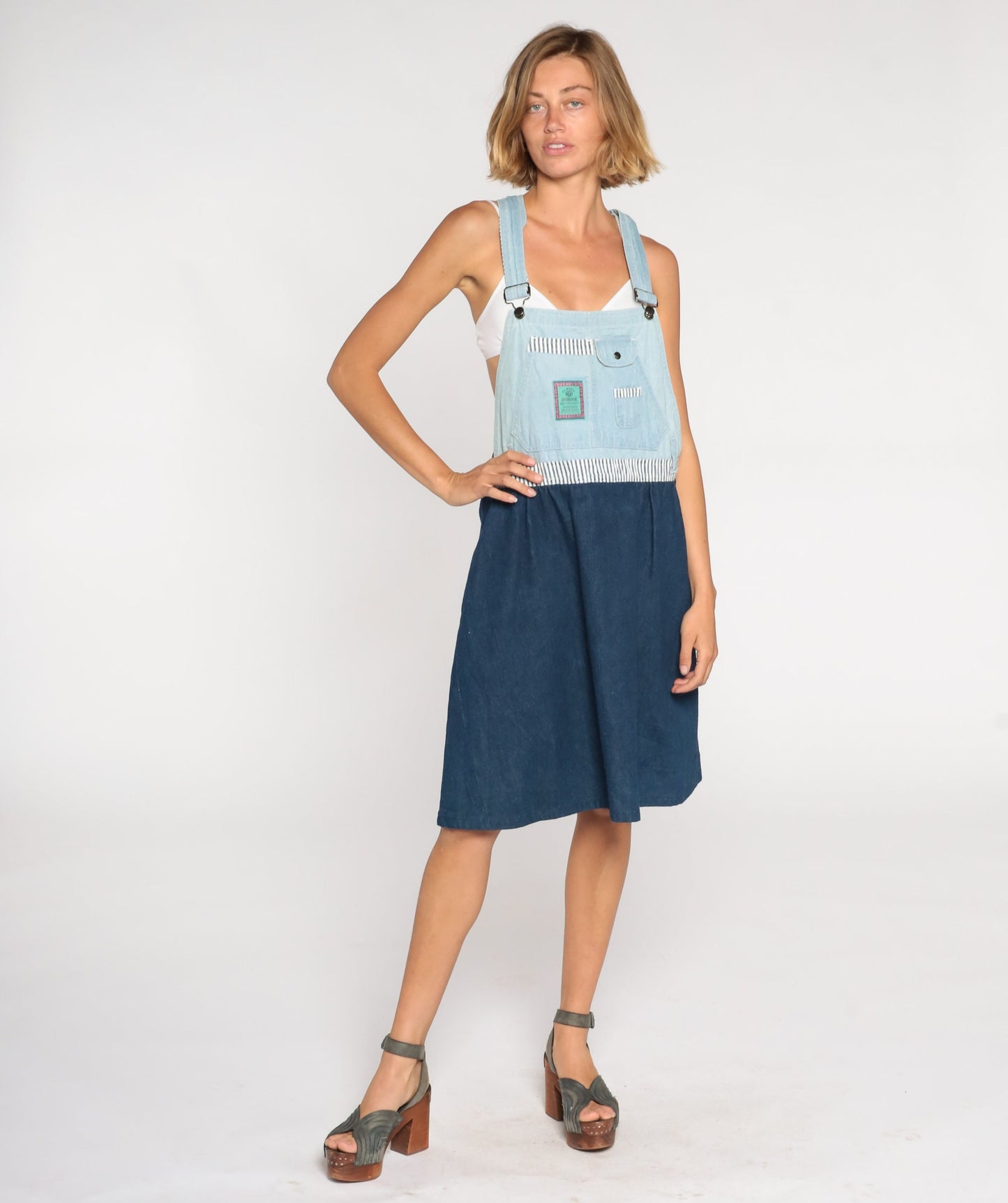 90s Gitano Two-Tone Denim Overall Dress Knee Length Striped Medium M