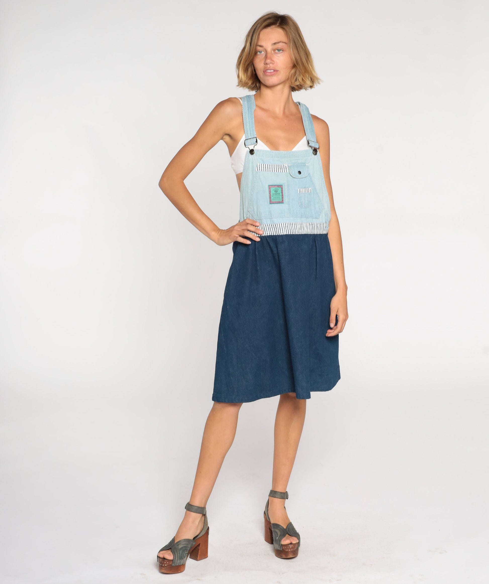 90s Gitano Two-Tone Denim Overall Dress Knee Length Striped Medium M