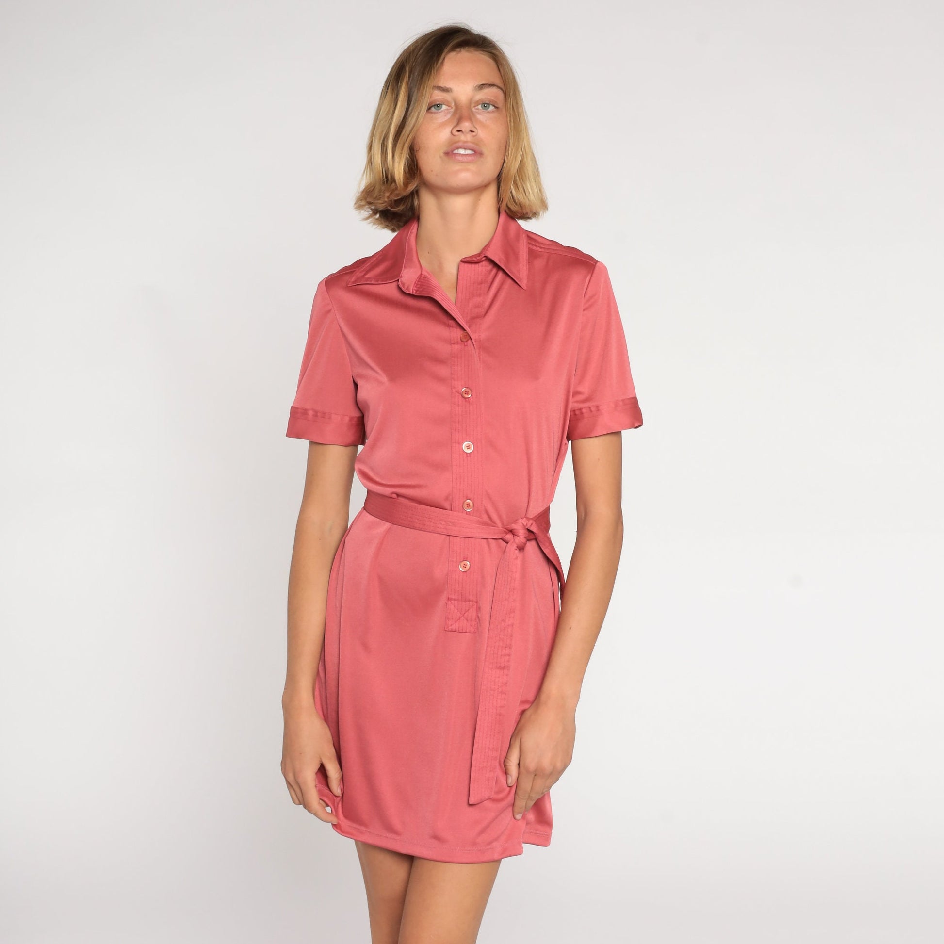 70s Pink Mini Shirtwaist Dress Button-Up Shift Collar Tie Belt Medium