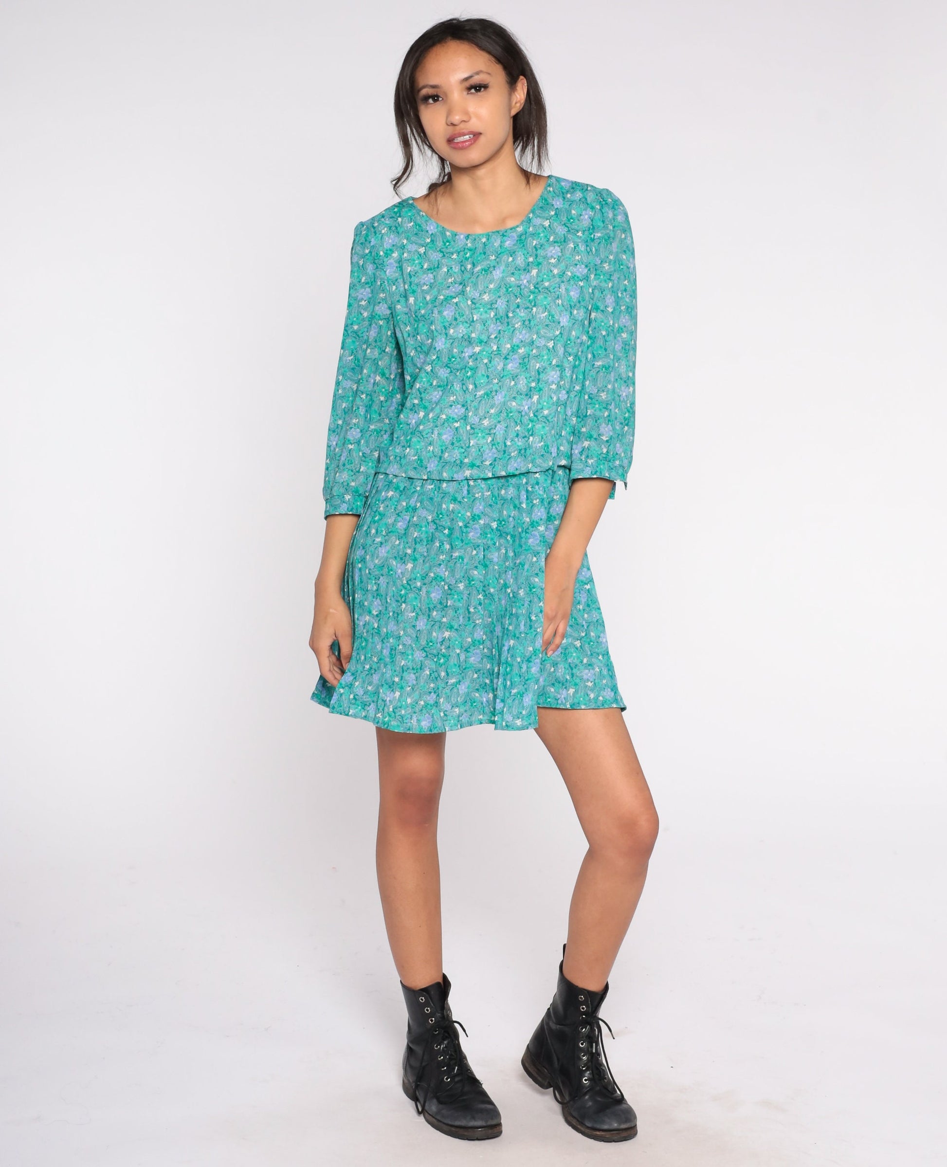 80s Green Paisley Floral Mini Dress High Waist Pleated 3/4 Puff Sleeve Medium
