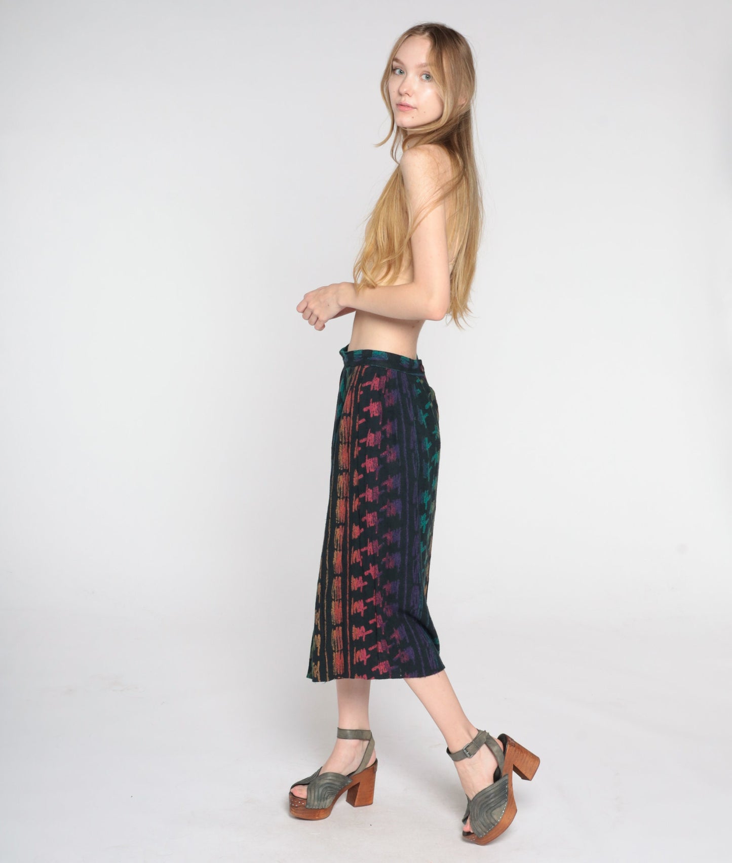 90s Black Abstract Brushstroke Midi Skirt Rainbow Print High Waist Small