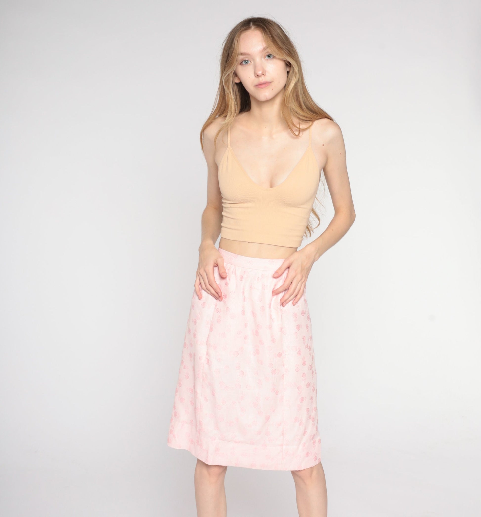 1960s Baby Pink Floral Knee-Length Skirt High Waist Pockets XXS