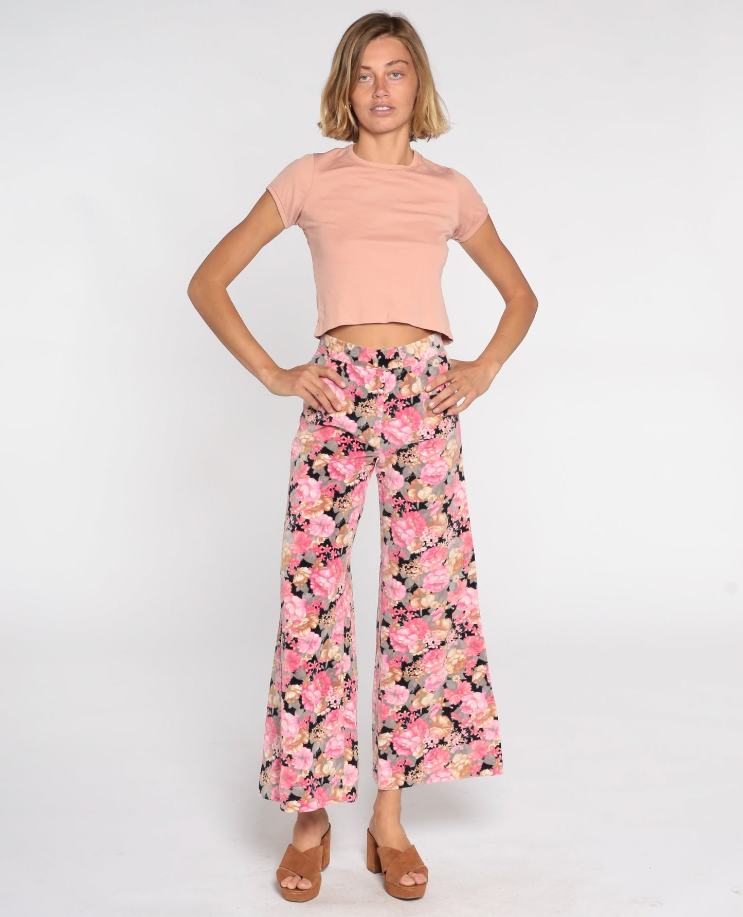 70s Floral Velvet Bell Bottom Pants Black Pink High Waisted Extra Small