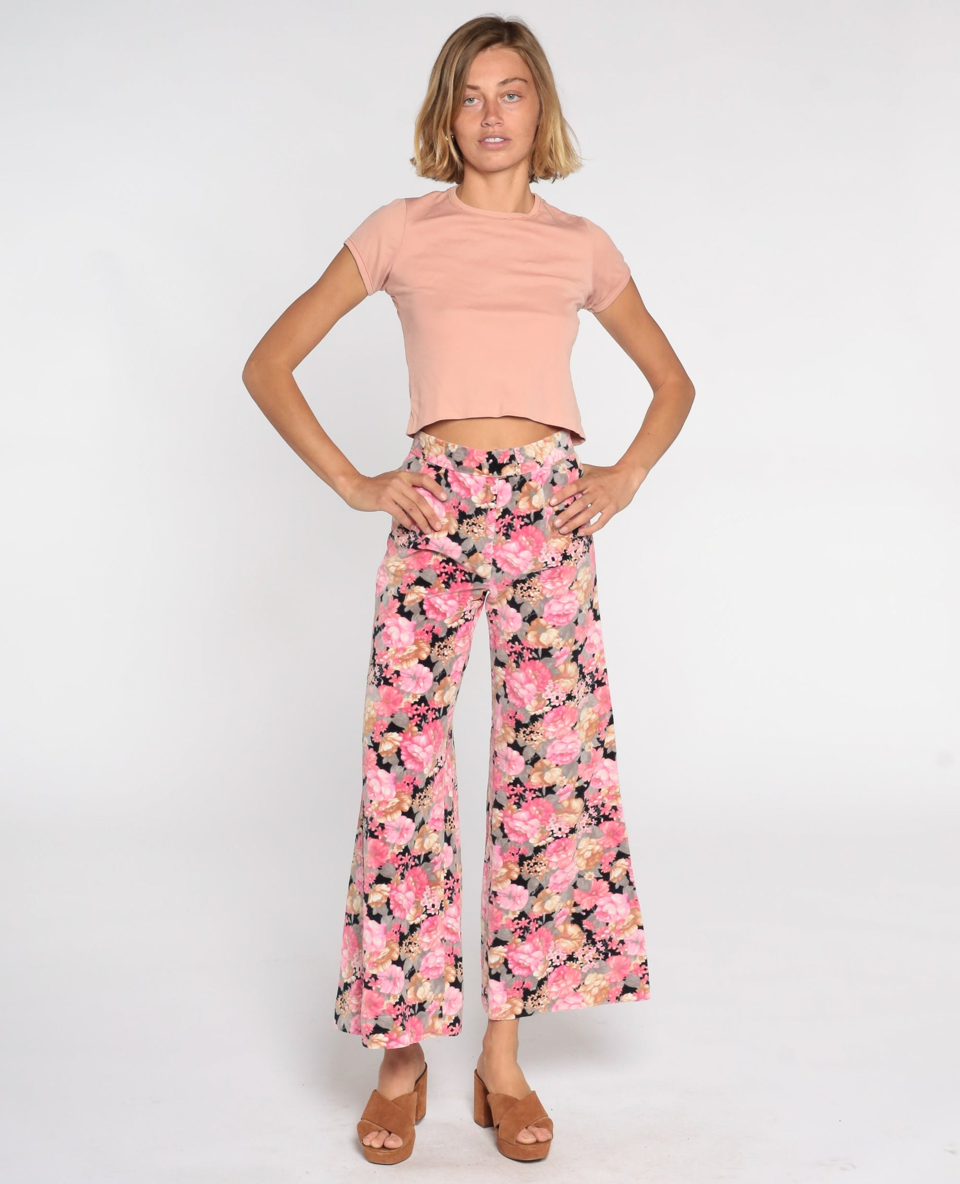 70s Floral Velvet Bell Bottom Pants Black Pink High Waisted Extra Small