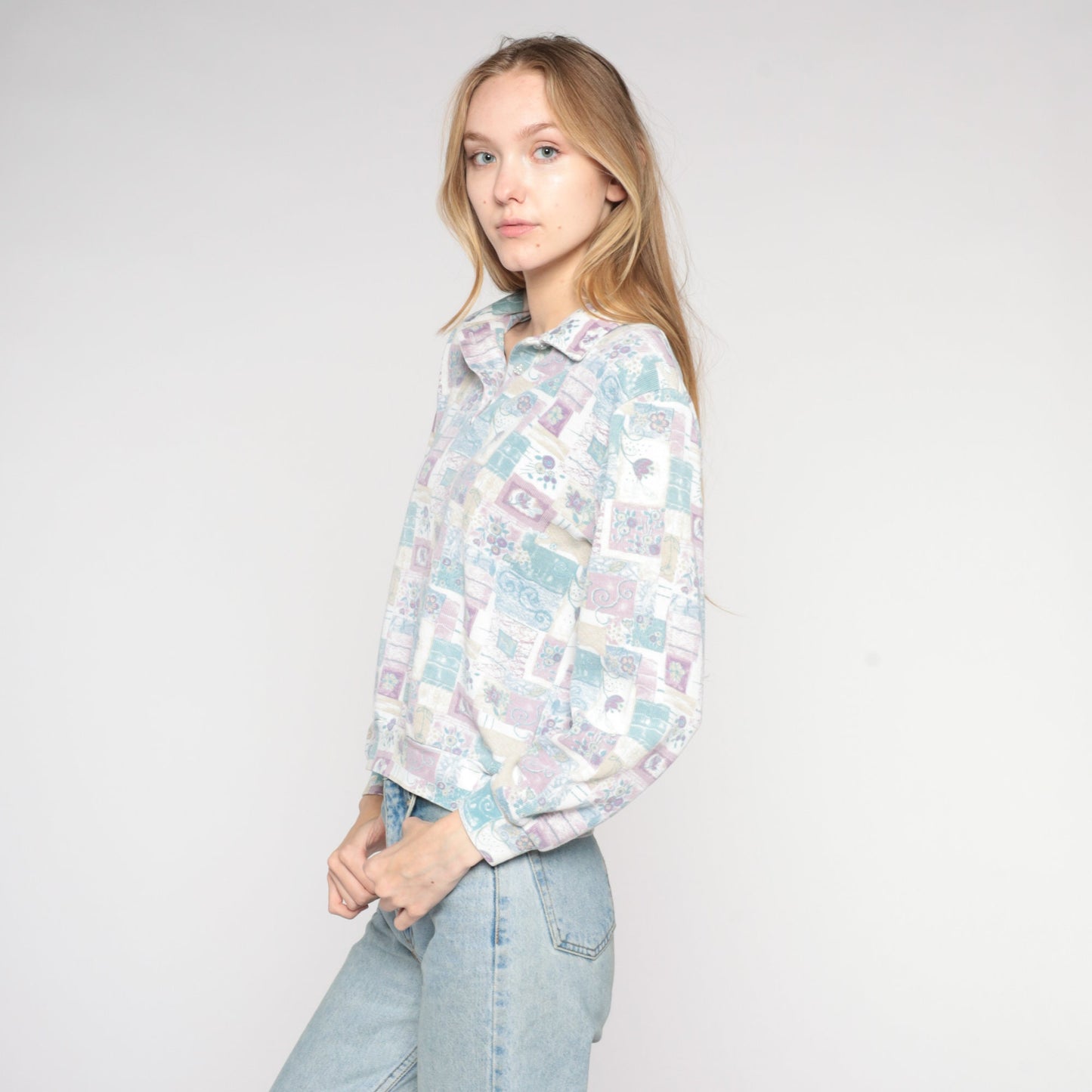 90s Floral Long Sleeve Collared Shirt Banded Hem Pastel Flower Print Medium