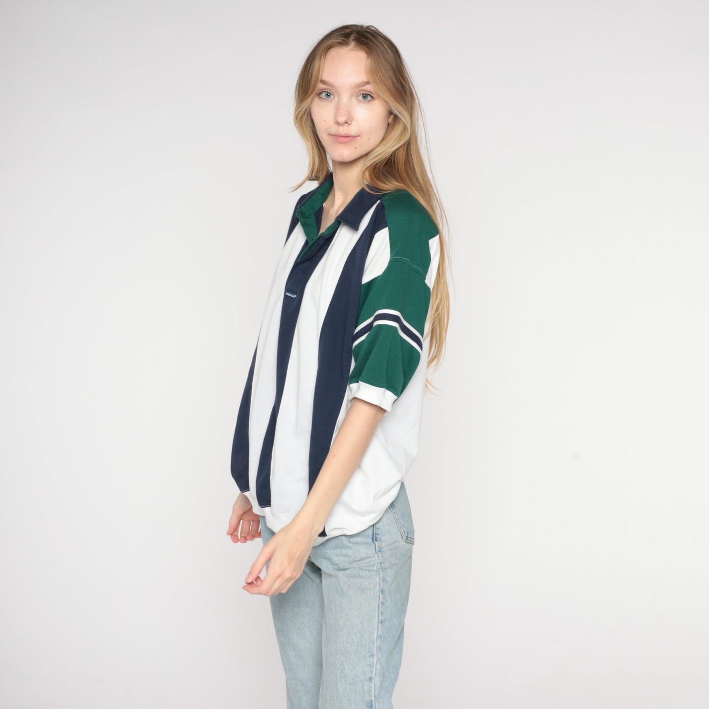 90s Striped Polo Shirt White Blue Green Banded Hem Men's Extra Large XL