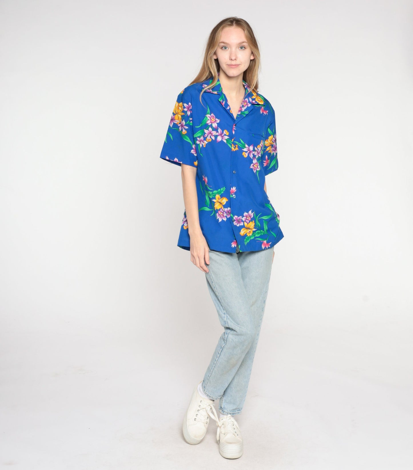 80s Blue Tropical Floral Hawaiian Shirt Button Up Short Sleeve Medium