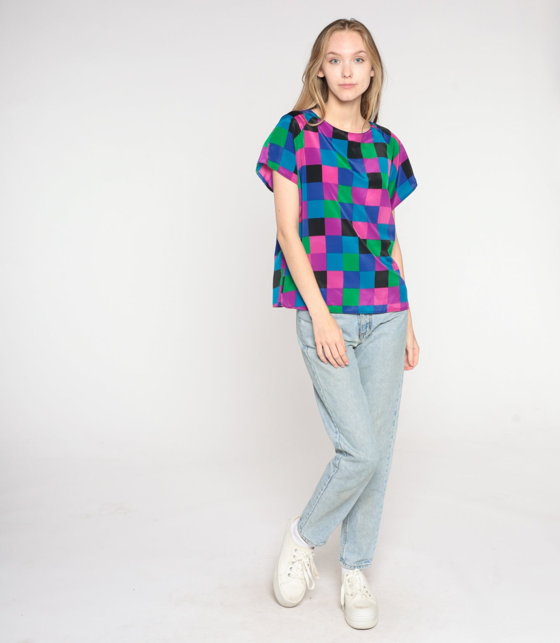 90s Colorful Checkerboard Short Sleeve Blouse Purple Pink Blue Medium M