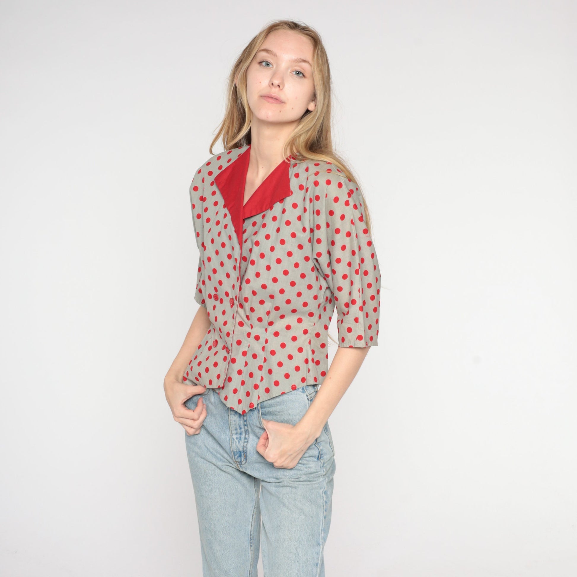 80s Grey Polka Dot Cotton Blouse Double Breasted Red Collar Short Sleeve Small