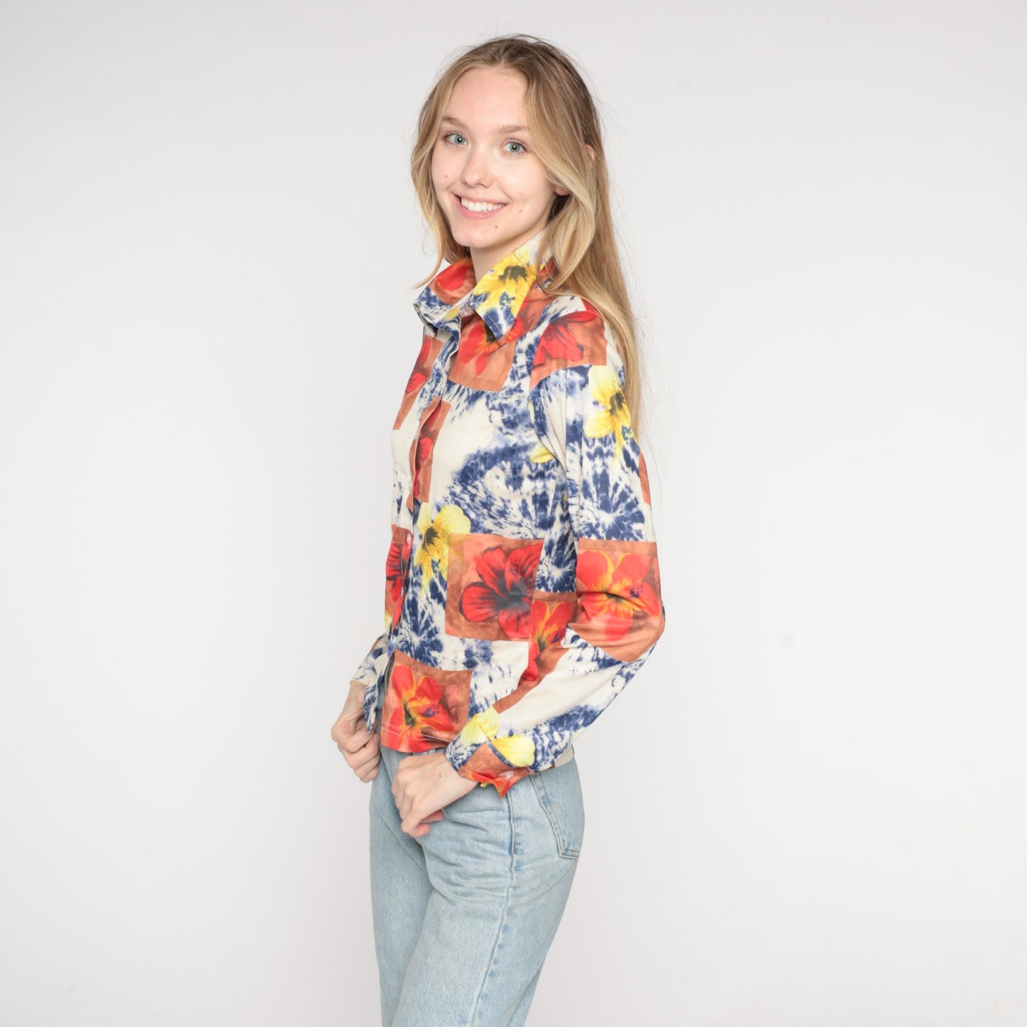 90s Tie Dye Floral Button Up Blouse White Psychedelic Print Collared Long Sleeve Small