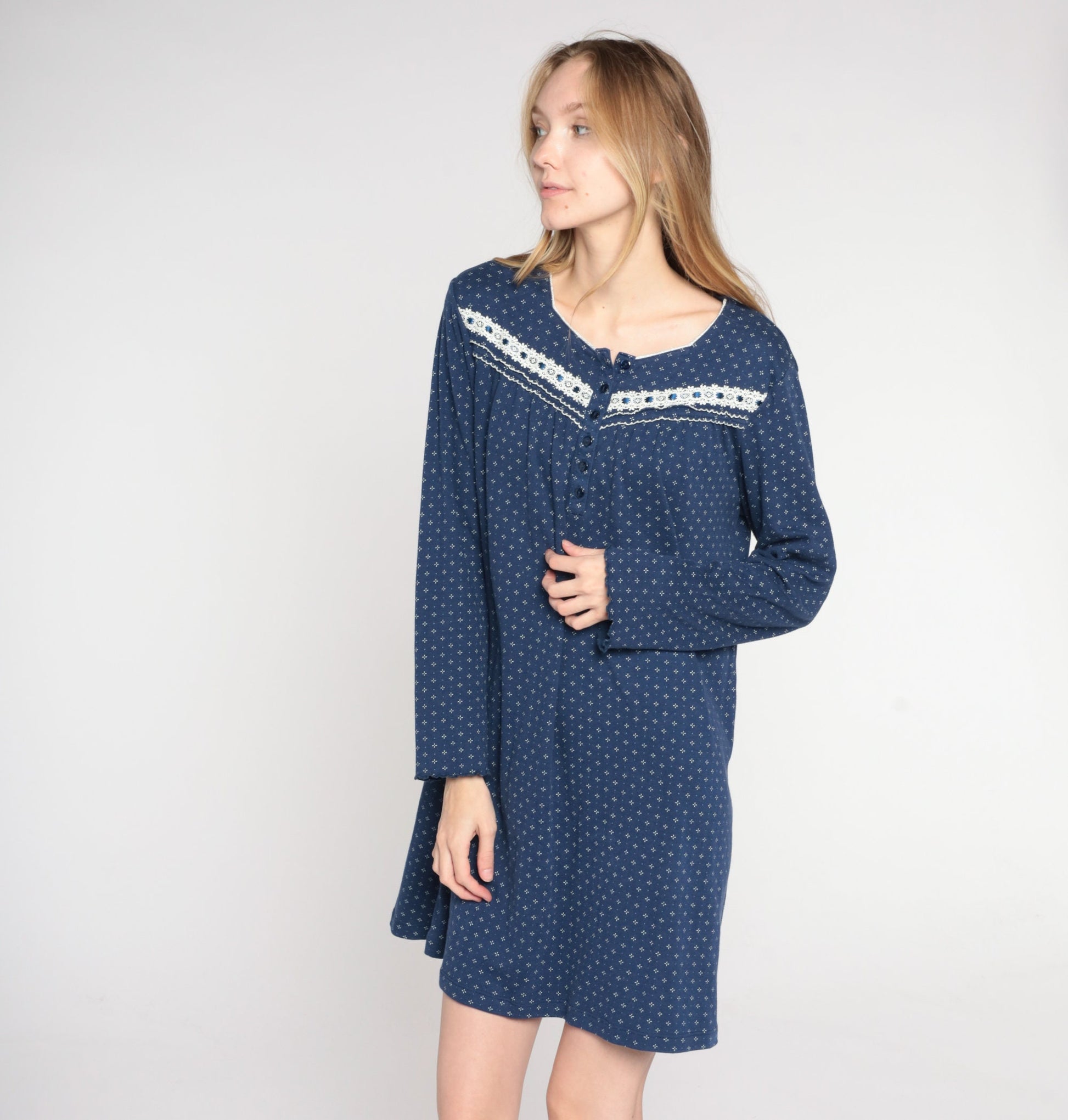Y2K Navy Calico Floral Pajama Dress Long Sleeve Button-Up Nightgown Large L