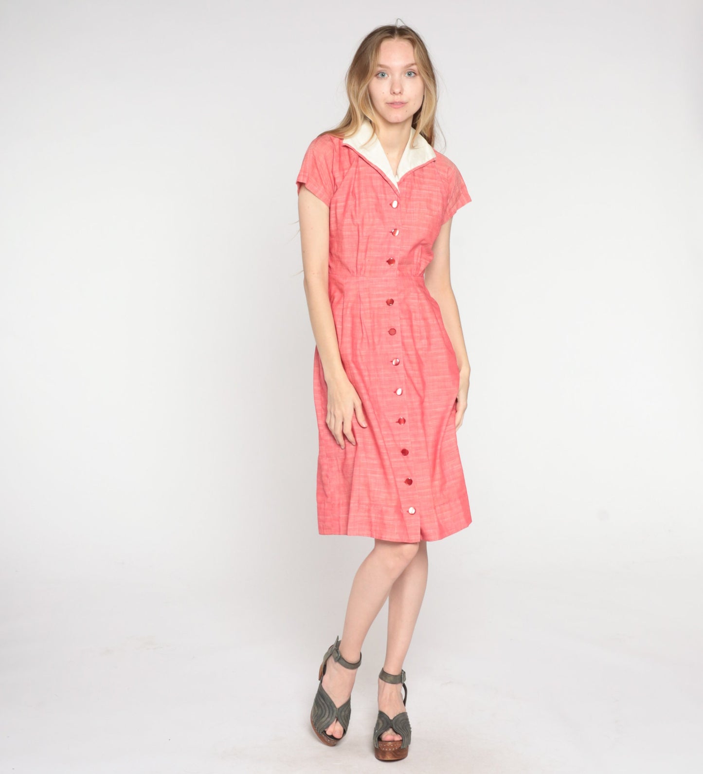 1950s Pink Woven Shirtdress Collar Button-Up Knee Length Small