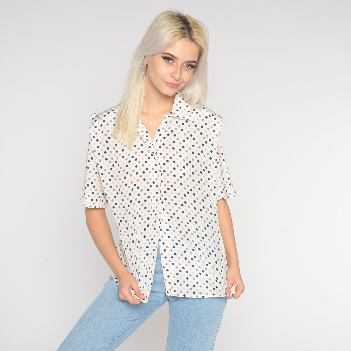 80s White Polka Dot Button-Up Blouse Short Sleeve Small