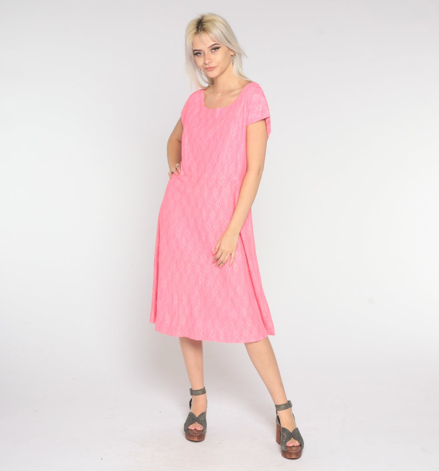 60s Pink Lace Midi Dress Shift Sleeveless High Waist Large