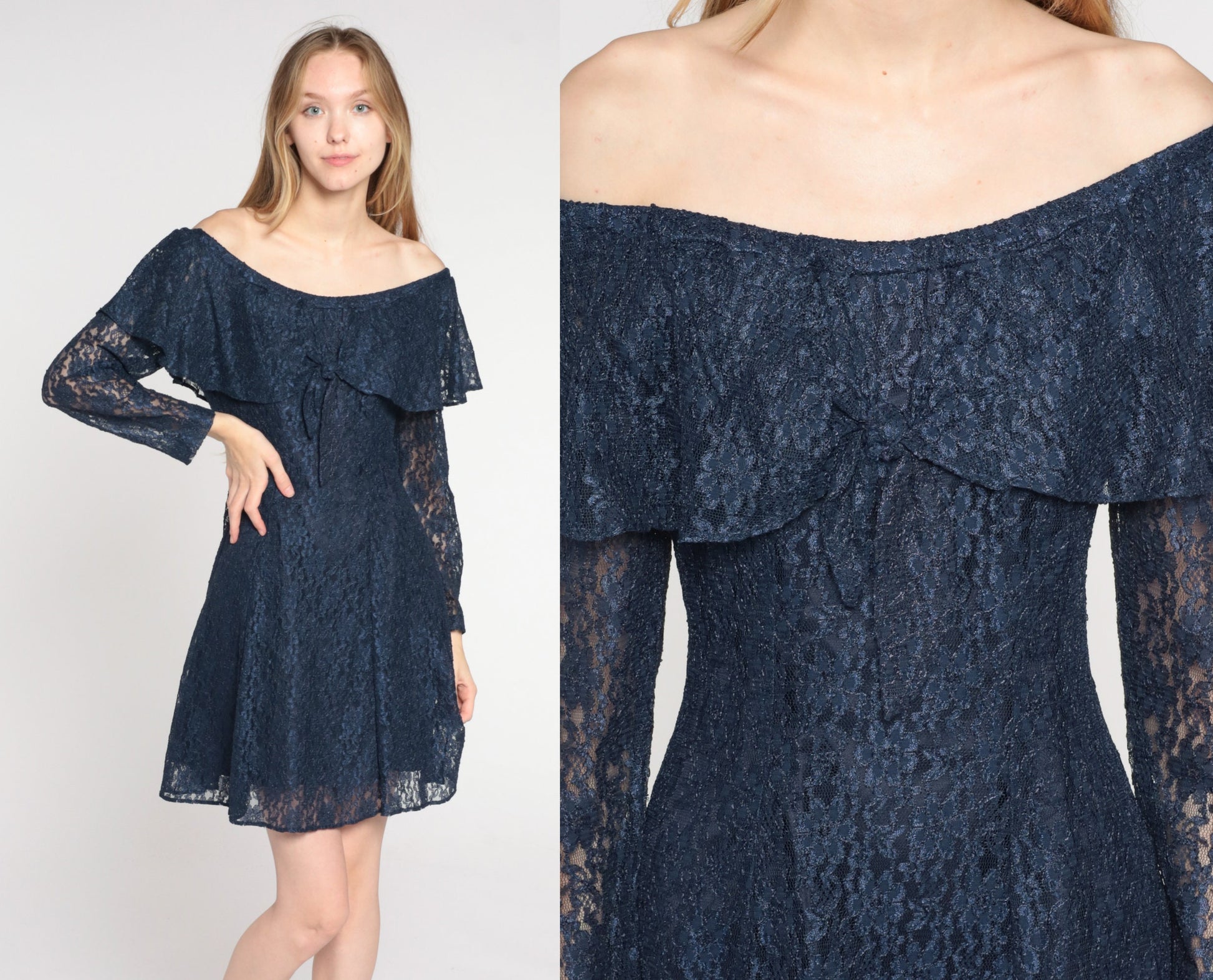 90s Navy Floral Lace Mini Dress Off-Shoulder Long Sleeve Small S