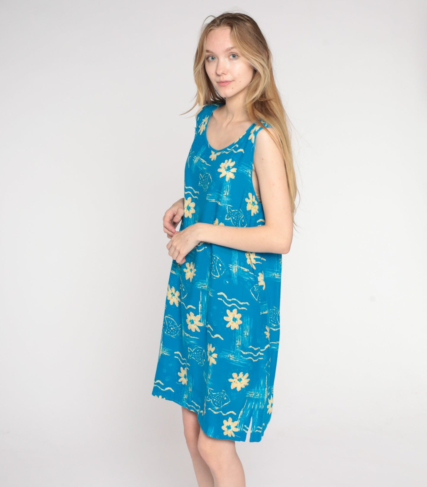 90s Blue Tropical Fish Floral Mini Dress Sleeveless Shift Medium
