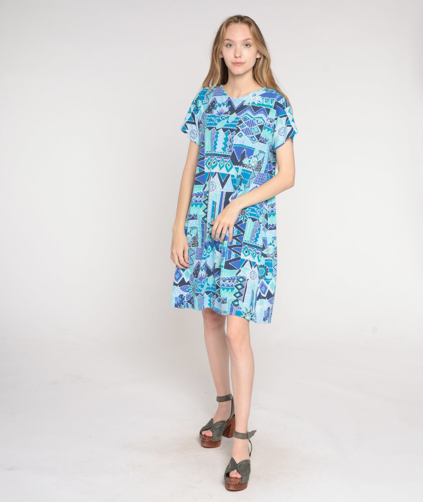 90s Blue Geometric Floral Mini Dress Short Sleeve Shift Dress Large