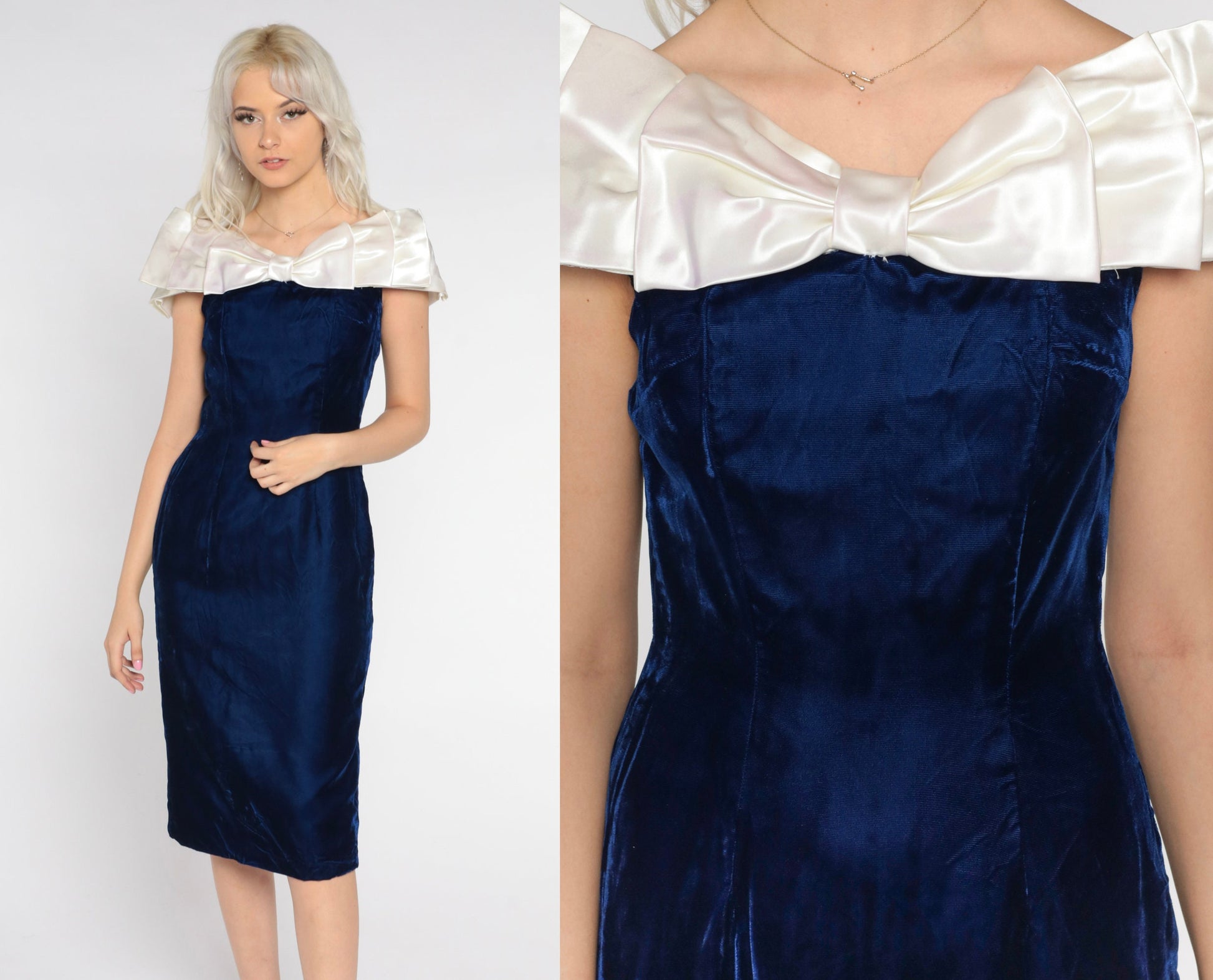 80s Blue Velvet Midi Dress Off-Shoulder Bow Pencil Small S